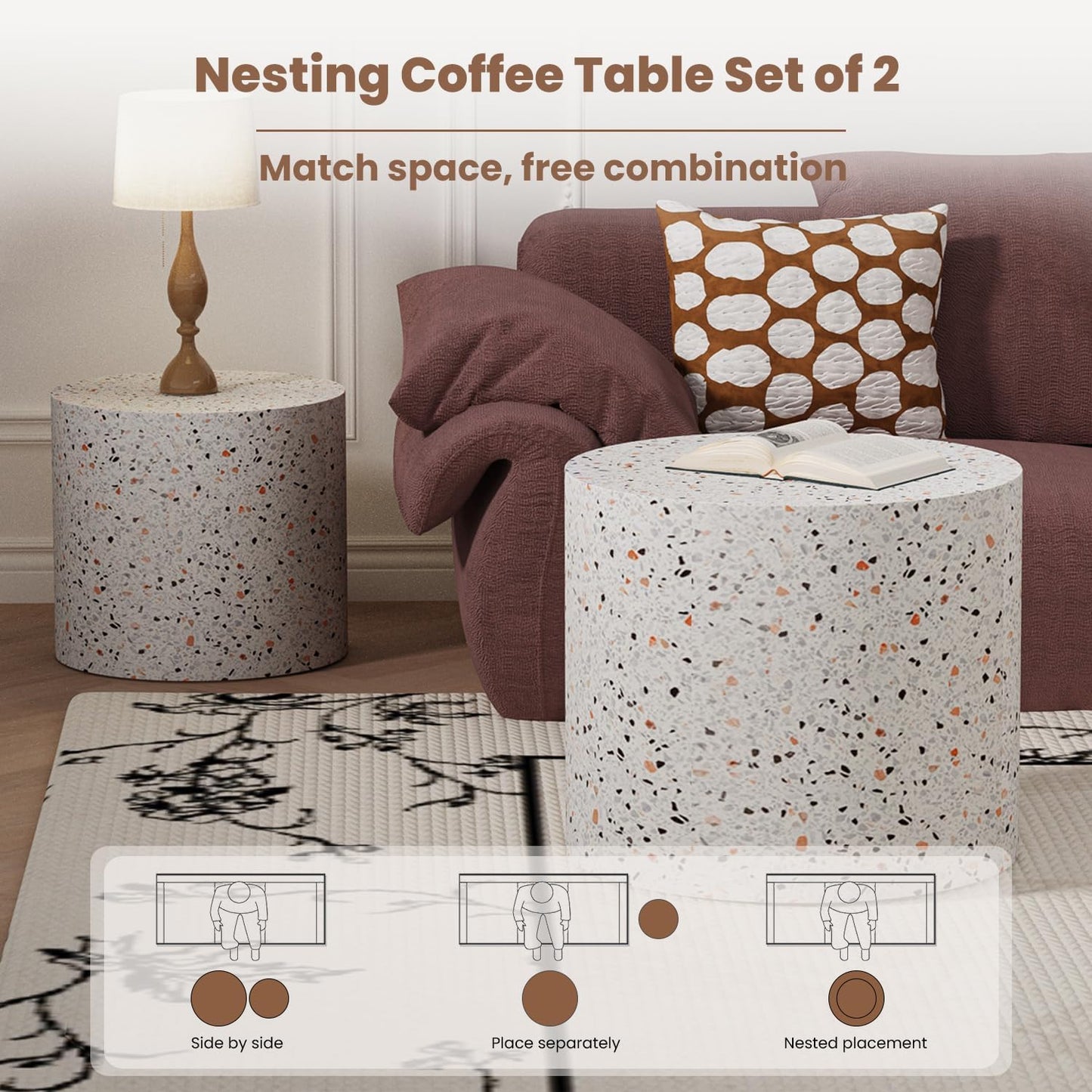 Round Nesting Coffee Table Set of 2 Modern Wood Coffee Tables Handcraft Drum Coffees Table Farmhouse Round Sofa Side Tables End Table for Living Room Small Spaces (Terrazzo)
