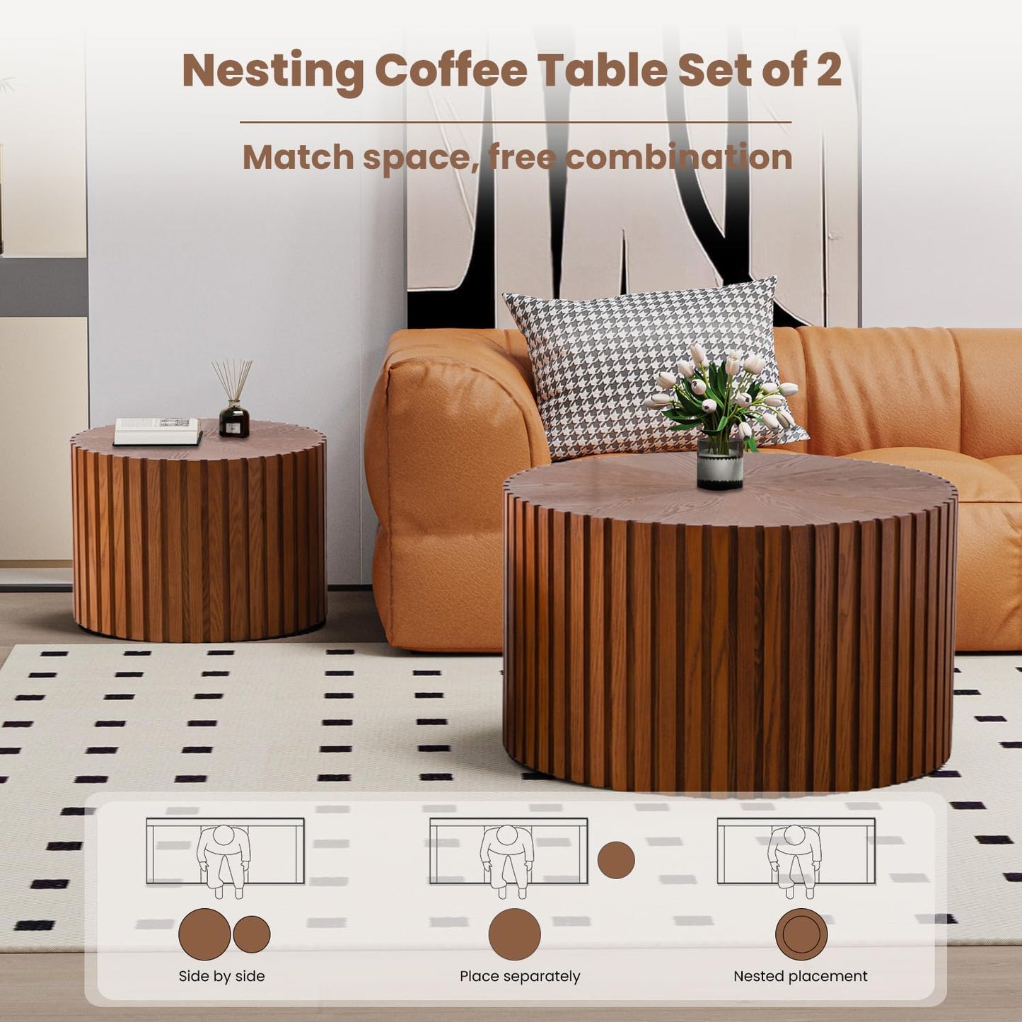 WXFKLDJ Round Nesting Coffee Table Set Cylindrical Wooden Coffee Table Sofa Center Table Circle Embossed Design Side Table for Living Room Apartment No Assembly (Striped Brown Large)