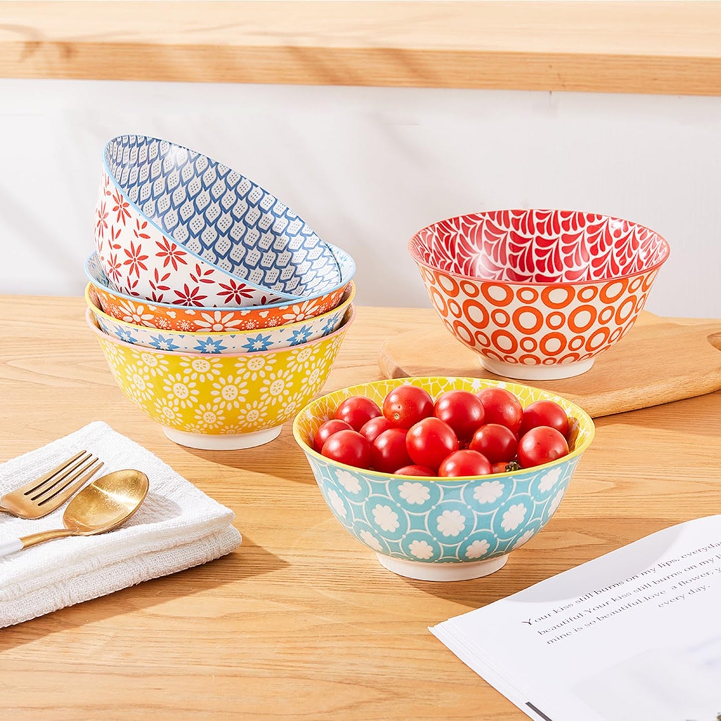 23 OZ Colorful Large Ceramic Bowl Set of 6, 6 inch Deep Porcelain Cereal Bowls for Soup, Salad, Snack and Rice, Dishwasher/Microwave safe