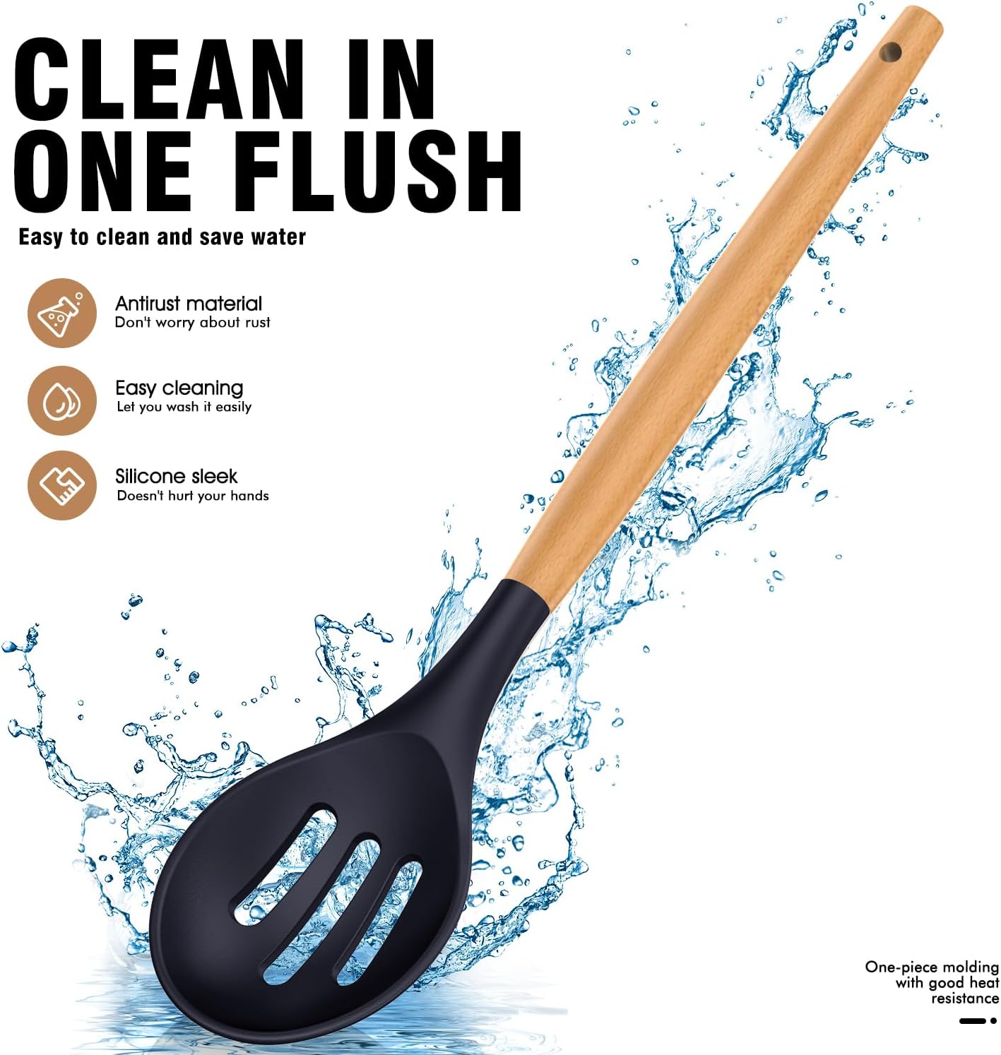 Silicone Cooking Utensils Set - Silicone Kitchen Utensils for Cooking Wooden Handles, 446°F Heat Resistant Kitchen Utensil Spatula Sets w Holder, Gadgets for Non-Stick Cookware BPA FREE (Navy Blue)