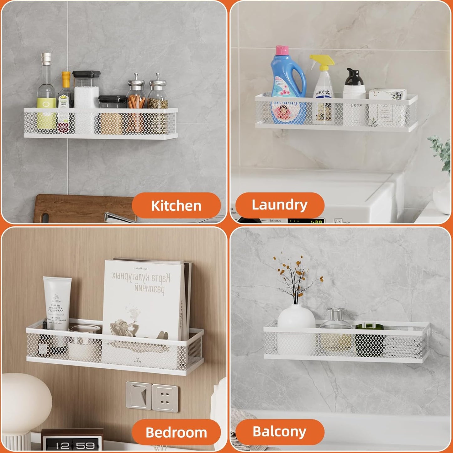 Spice Rack Wall Mount, 4 Pack Wall Spice Rack & Hanging Storage Baskets Organizer Wall Mount, Large Capacity Metal Spice Shelf for Kitchen Cabinet, Pantry Doors, Bathroom, Shower, Home Decor