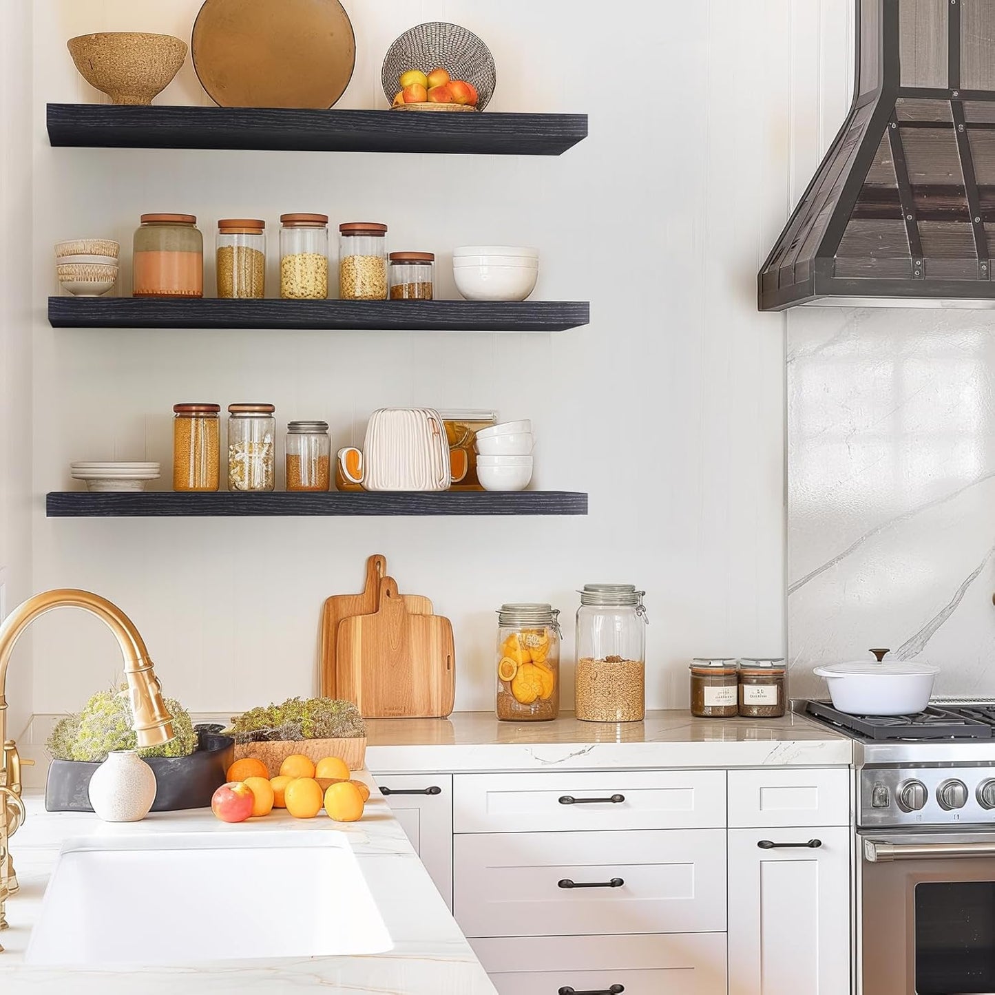 BAYKA Floating Shelves for Wall, 36 inches Long Wall Mounted Rustic Wood Shelves for Bathroom, Bedroom, Living Room, for Books/Storage/Decor with 30lbs Capacity(Black,Set of 3