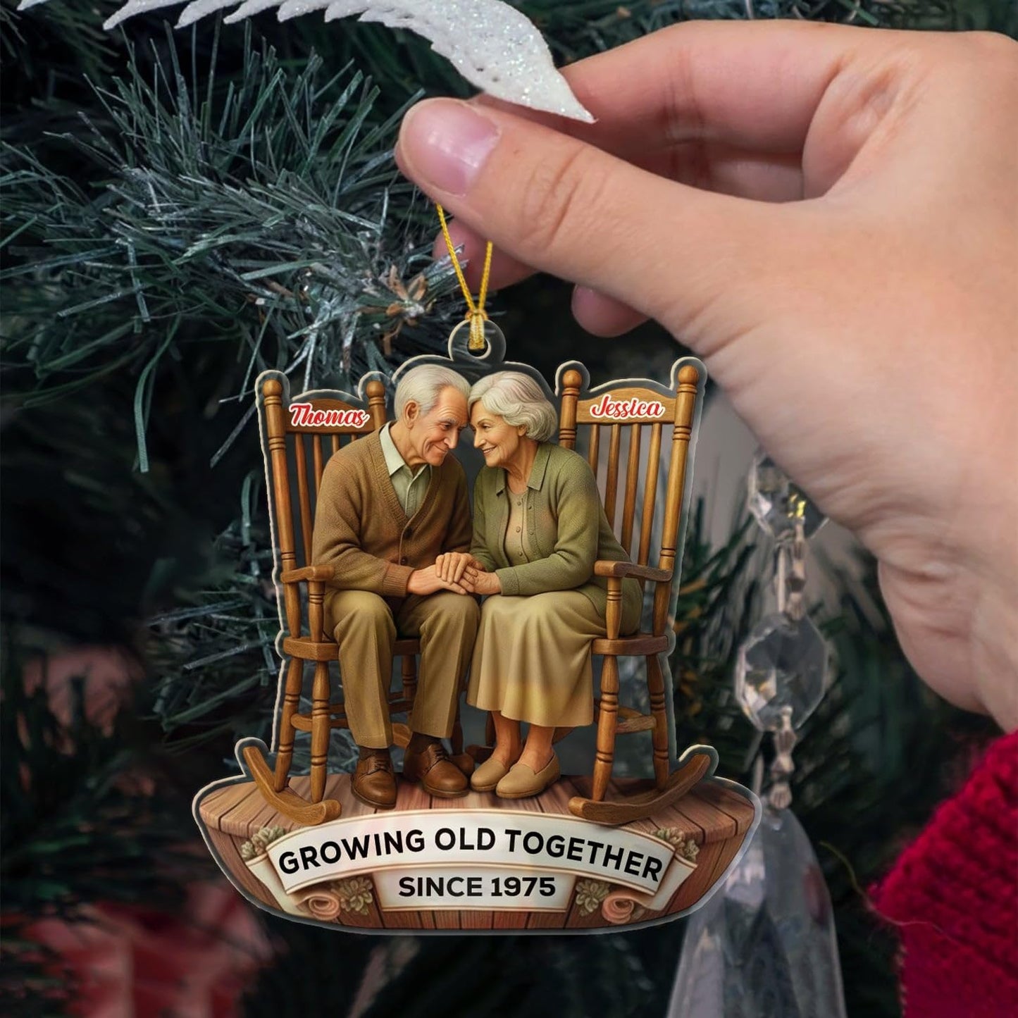 Personalized Growing Old Together Christmas Ornament 2025, Old Couple Sitting On Rocking Chairs Shaped Ornament Gift for Parents Grandparents,Custom Text Name Mr Mrs Ornaments for Wedding Anniversary