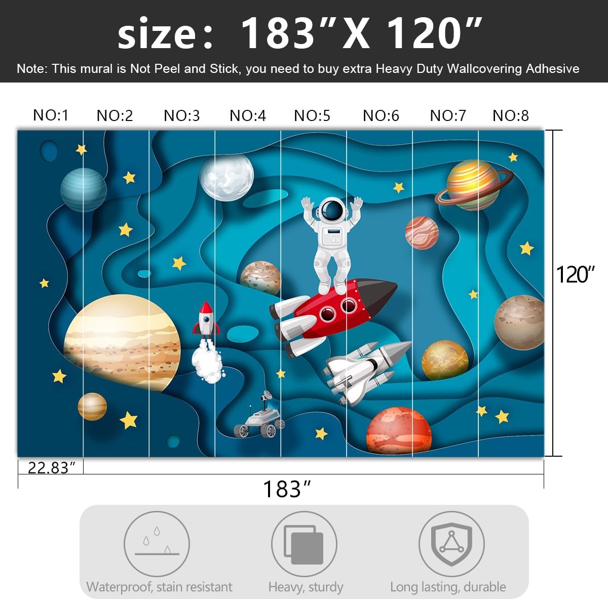 -Kindergarten Children Galactic Planet Fabric Wallpaper Living Room Bedroom Boys Girls Children Cartoon Astronauts Large Mural- 183"x120"( not Peel and Stick)