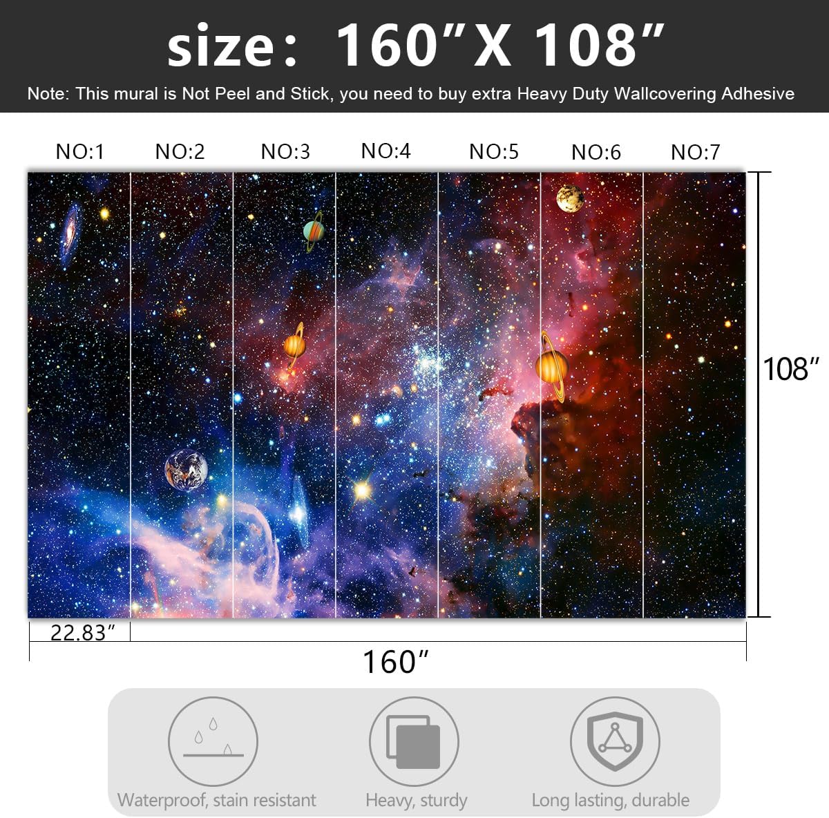 -Galaxy Universe Planet Ceiling Fabric Wallpaper Boys Girls Nursery Starry Sky Children Bedroom Bathroom Large Mural- 160"x108"( not Peel and Stick)