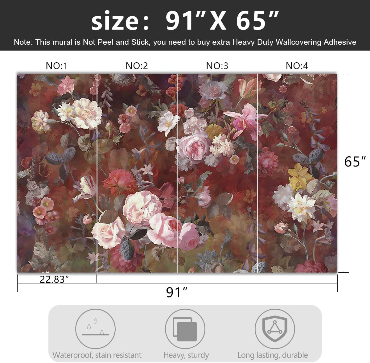 -Vintage Roses Floral Fabric Wallpaper Living Room Bedroom Bathroom Flowers Wall Mural- 91"x65"( not Peel and Stick)