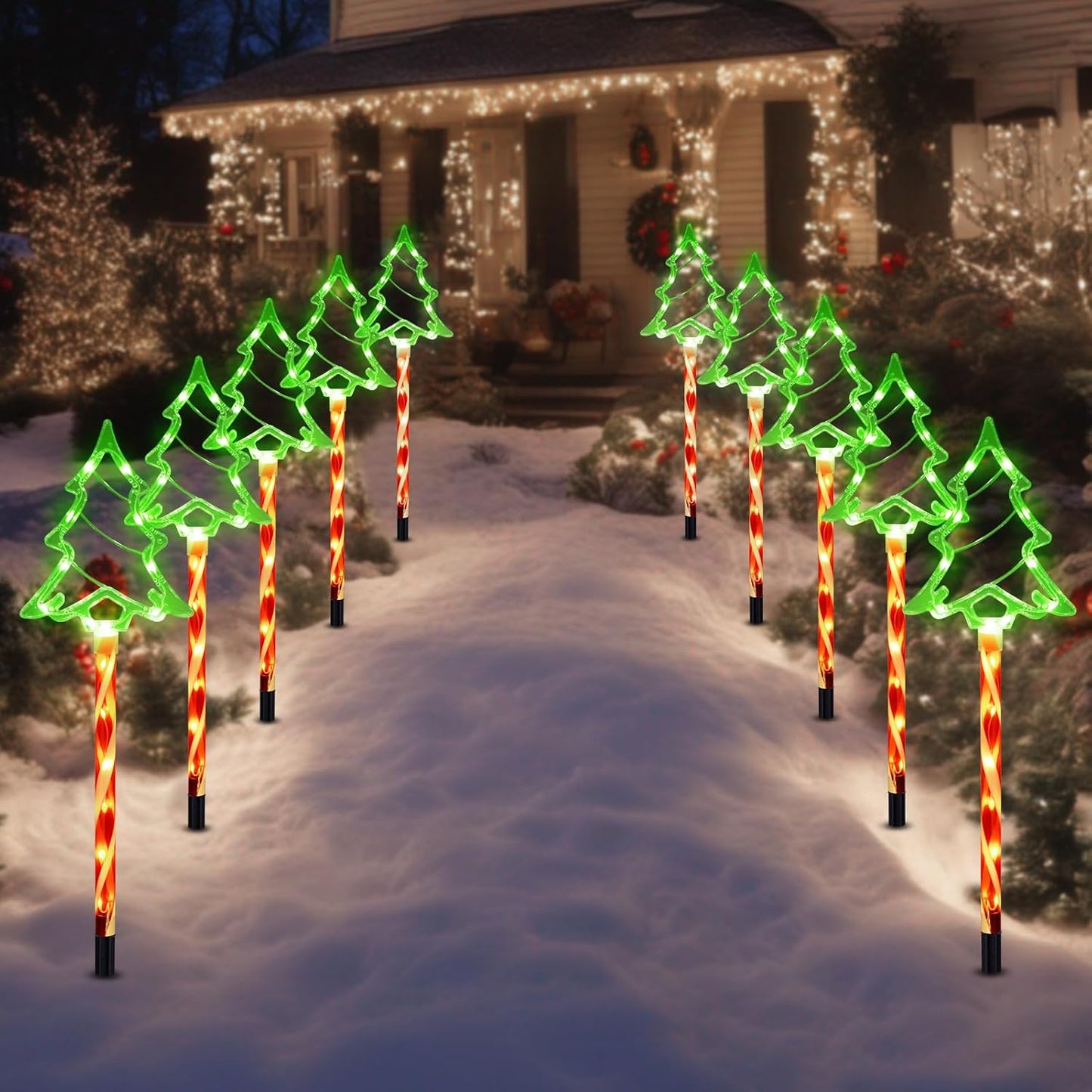 Christmas Solar Pathway Lights Outdoor Decorations, 8 Modes Xmas Tree Candy Lights Waterproof Led Garden Stake Light for Walkway Yard Lawn Porch Holiday Decor 10-Pack (Red Tube Tree, 10 Pack)