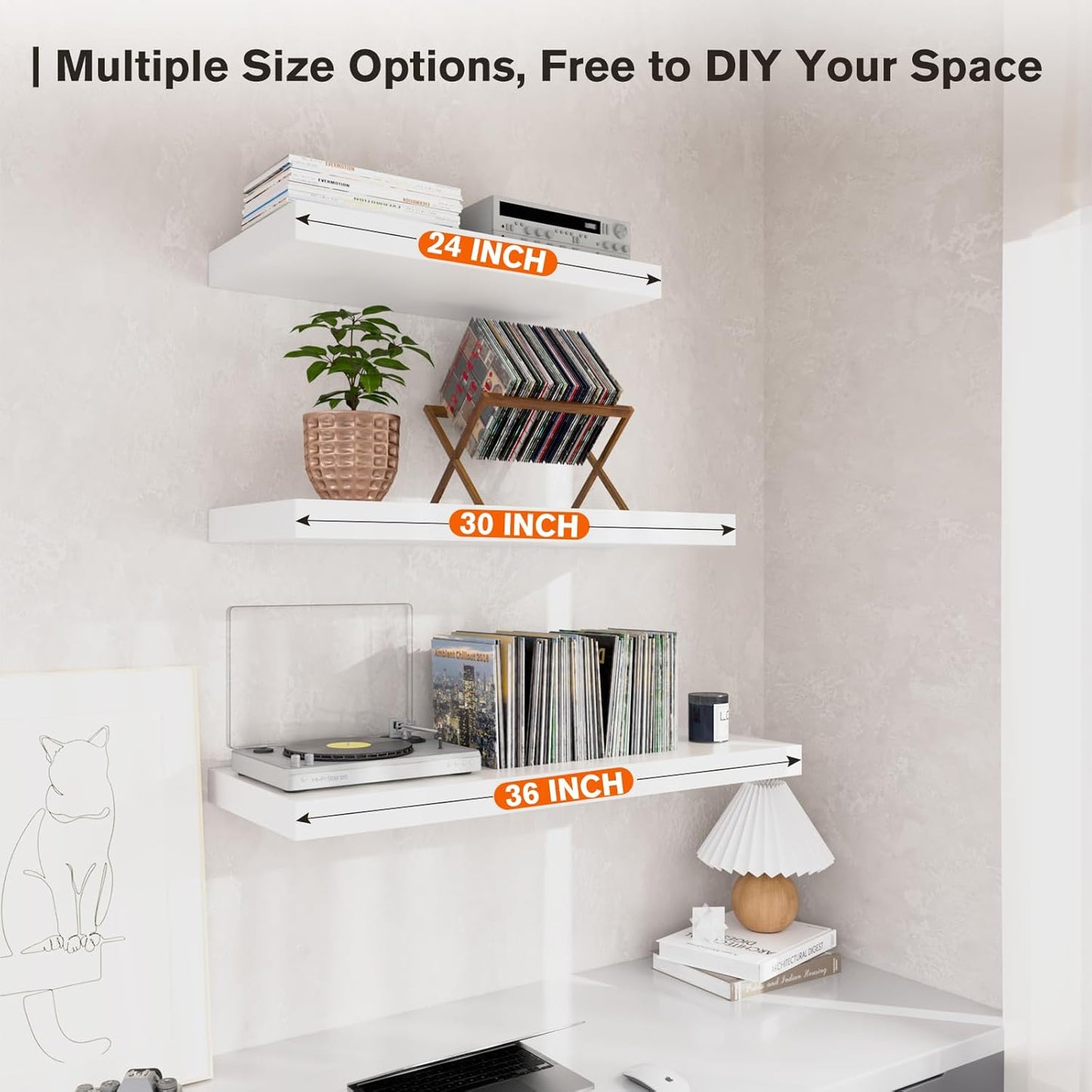 Large Floating Shelves for Wall Set of 1 Wooden Wall Shelves 36 in x 12.75 in x 2 in Room Decor Long Shelf with Invisible Wall Mount Bracket for Bedroom Kitchen Living Room White