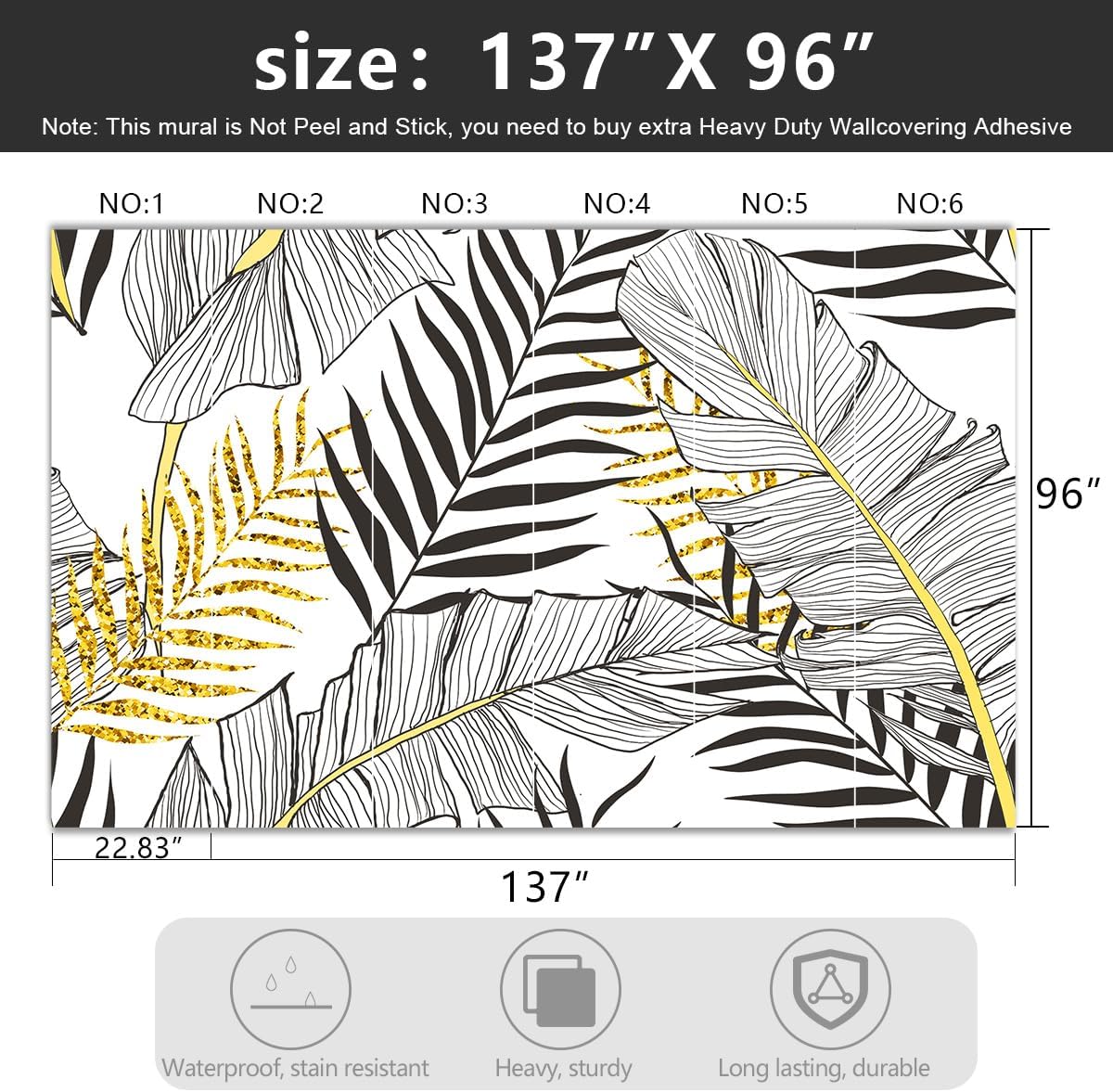-Black and Gold Tropical Botanical Banana Leaf Fabric Wallpaper Living Room Bedroom Bathroom Abstract Plant Large Wall Mural- 137"x96"( not Peel and Stick)