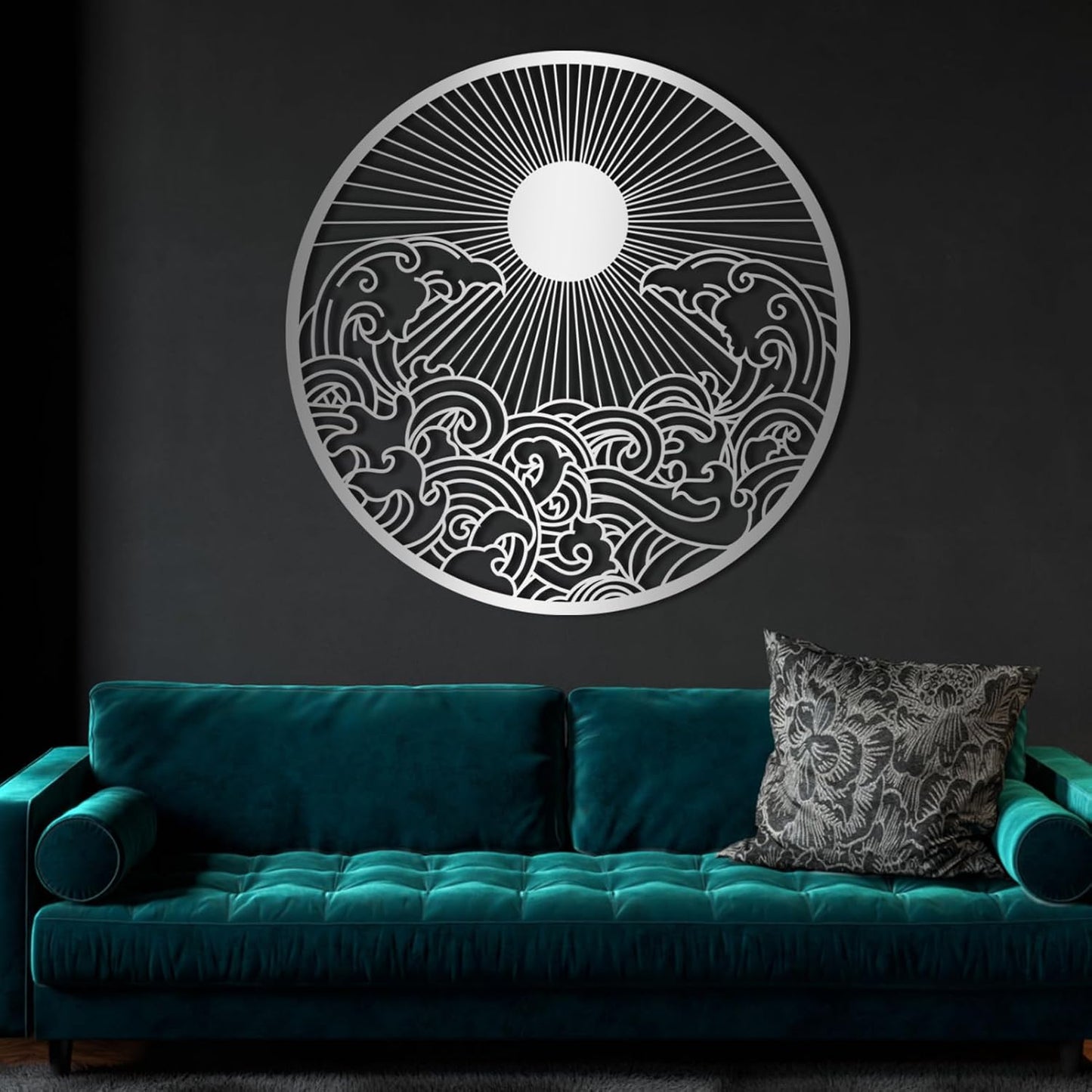 flyoak Metal Sun Wall Decor Outdoor, Sunrise Metal Wall Art, Metal Wave Wall Art, Sunrise and Wave Wall Decor, Sunburst Wall Art, Sunset Wall Art, Wall Hangings for Bedroom (Black, 35x35in|90x90cm)