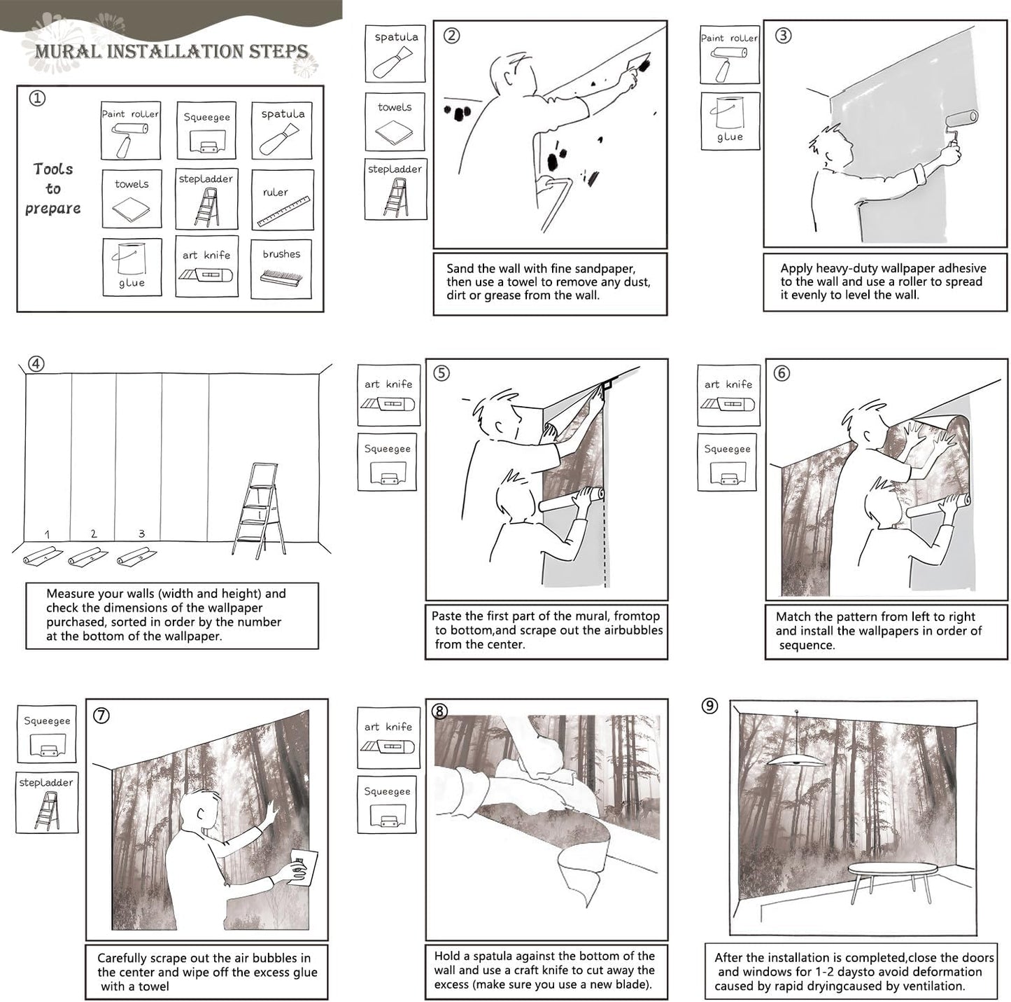 AFZEVEB-Forest Wallpaper Vintage Trees with Deer Wall murals for Bedroom 114"x74" (Not Peel and Stick)