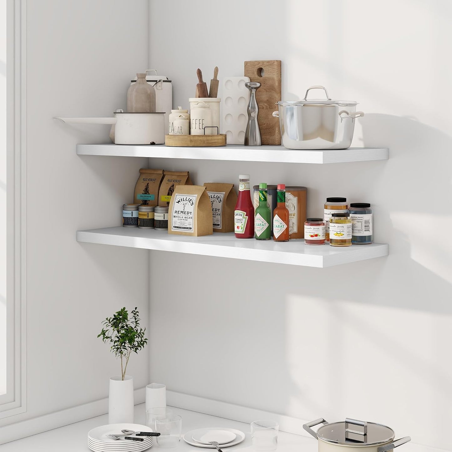 40" Floating Shelves for Wall, 12" Deep Slim White Floating Shelves, Wall-Mounted Shelves for Bedroom, Living Room, Kitchen, Bathroom - Set of 2