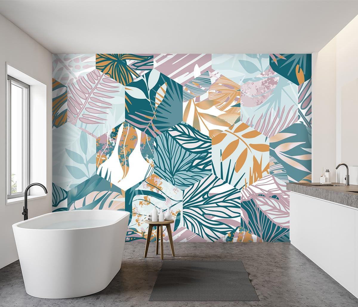 -Abstract Geometry Botanical Banana Leaf Fabric Wallpaper Living Room Bedroom Bathroom Tropical Plant Leaf Large Wall Mural- 160"x108"( not Peel and Stick)