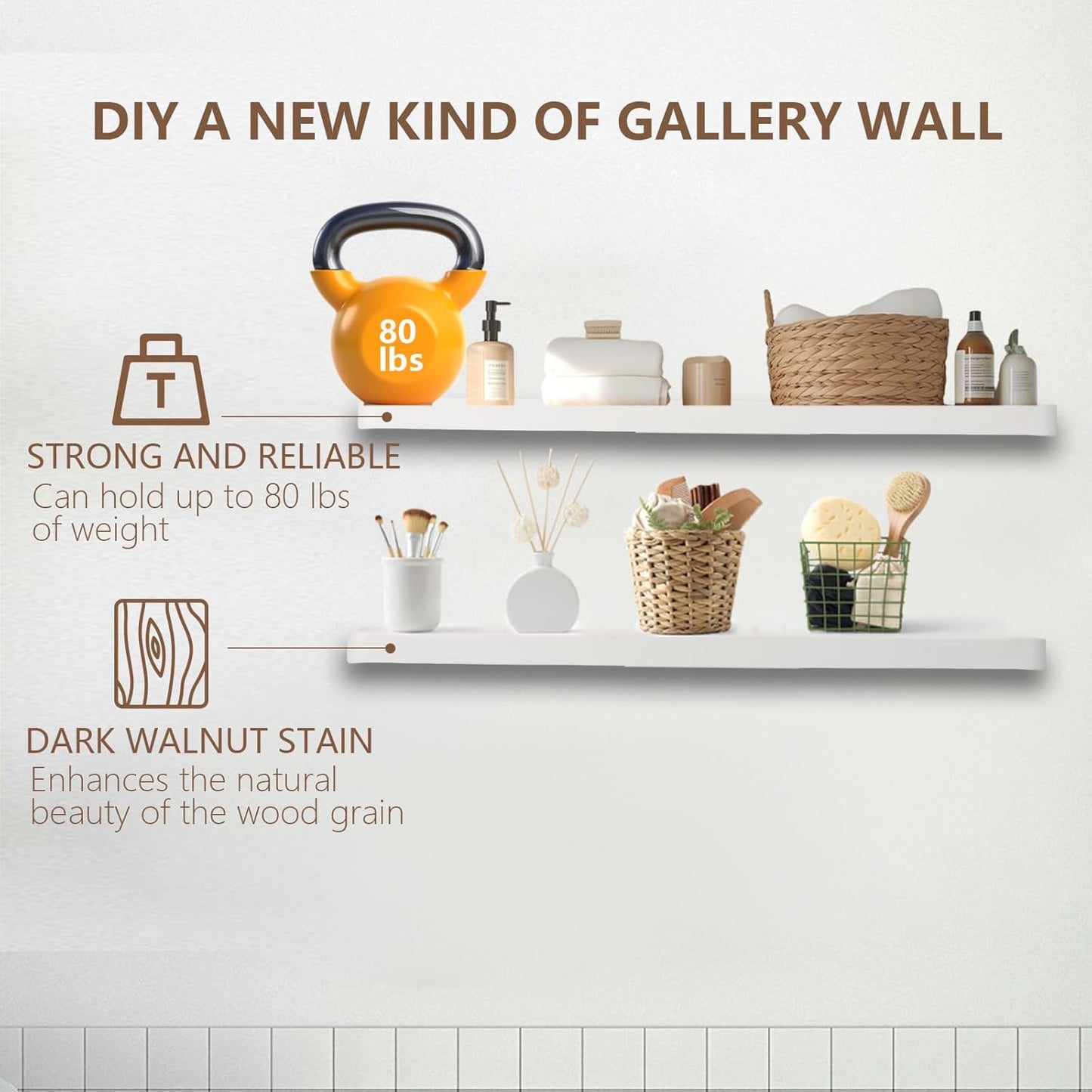 Solid Wood Floating Shelves Set of 2 - Natural, Warp & Crack Resistant 35.43 Inch Wall Shelf with Invisible Brackets Thicker, More Durable for Bathroom, Bedroom, Kitchen, Living Room (White, 35.43)