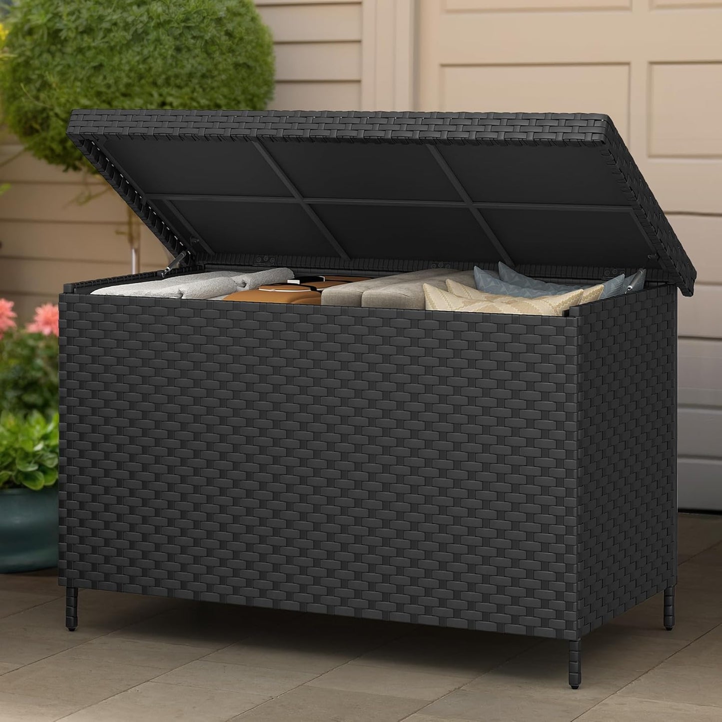 YITAHOME 230 Gal Outdoor Storage Box, XXL All-Weather Wicker Deck Box for Patio Furniture, Cushions, Pool Accessories and Garden Tools - Black