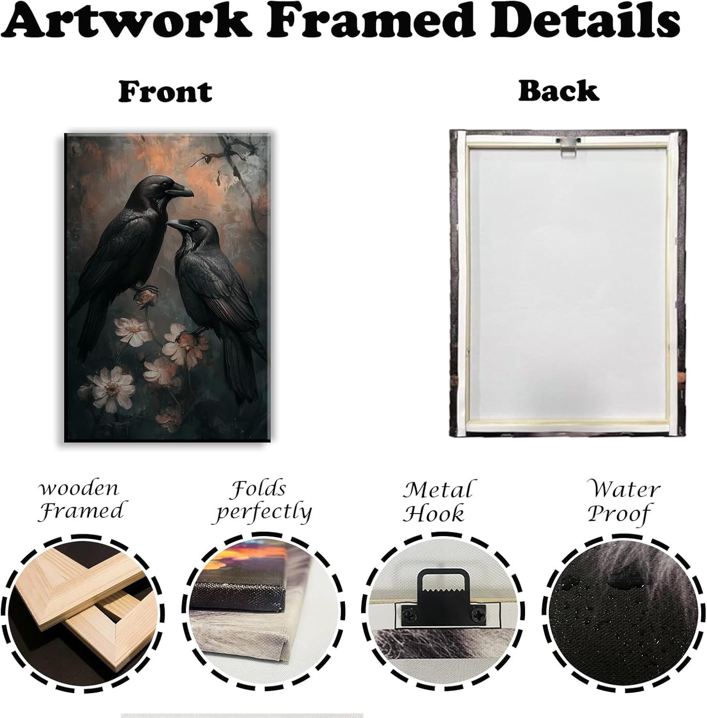 OAAPITI Birds Canvas Wall Art Black Couple Crow Picture Print Vintage Gothic Raven Artwork for Living Room Halloween Home Wall Decor(Artwork-7,16"x24")