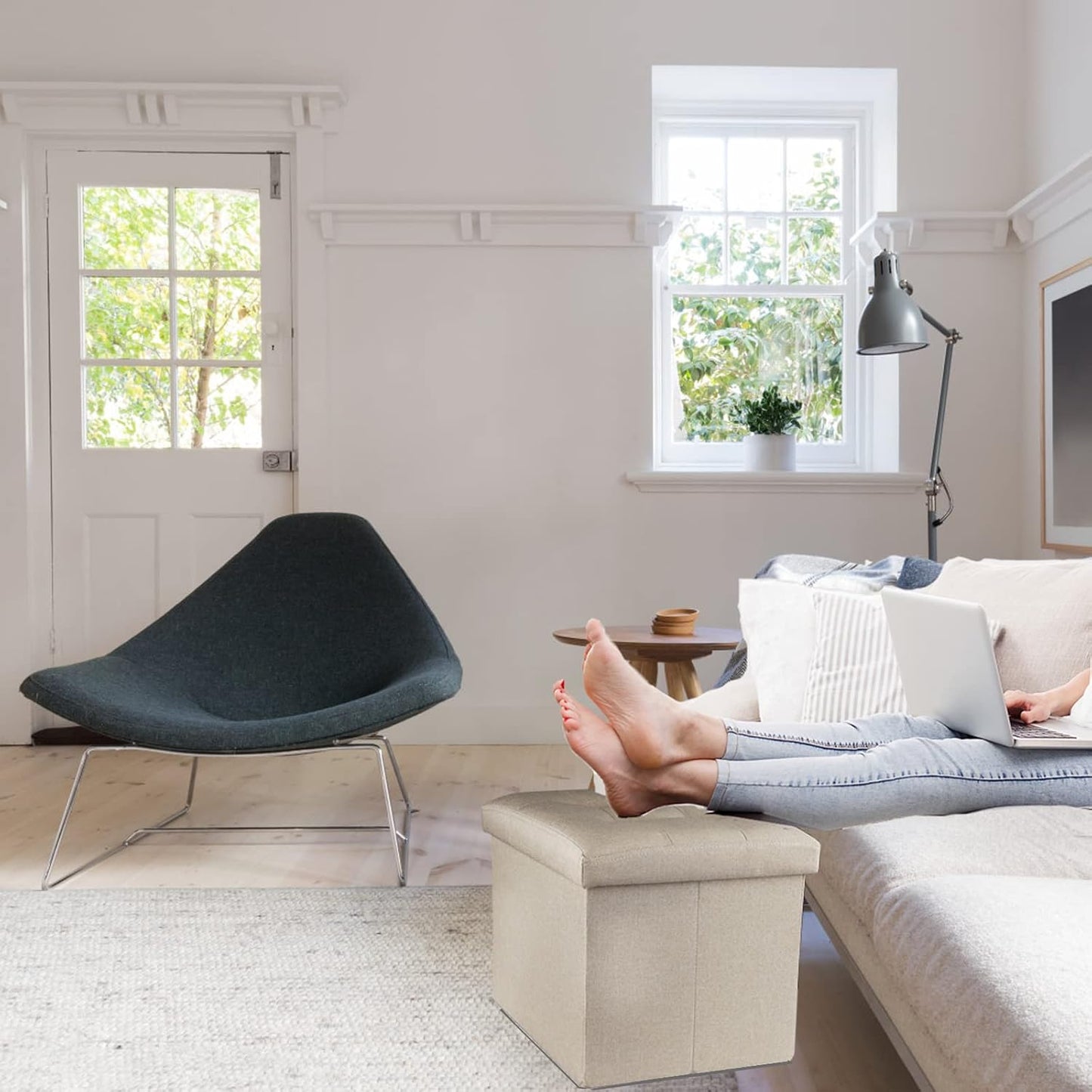 ALASDO Storage Ottoman Footrest Stool Small Ottoman with Storage Foldable Ottoman Foot Rest Footstool Bench for Living Room 17x13x13inches Beige