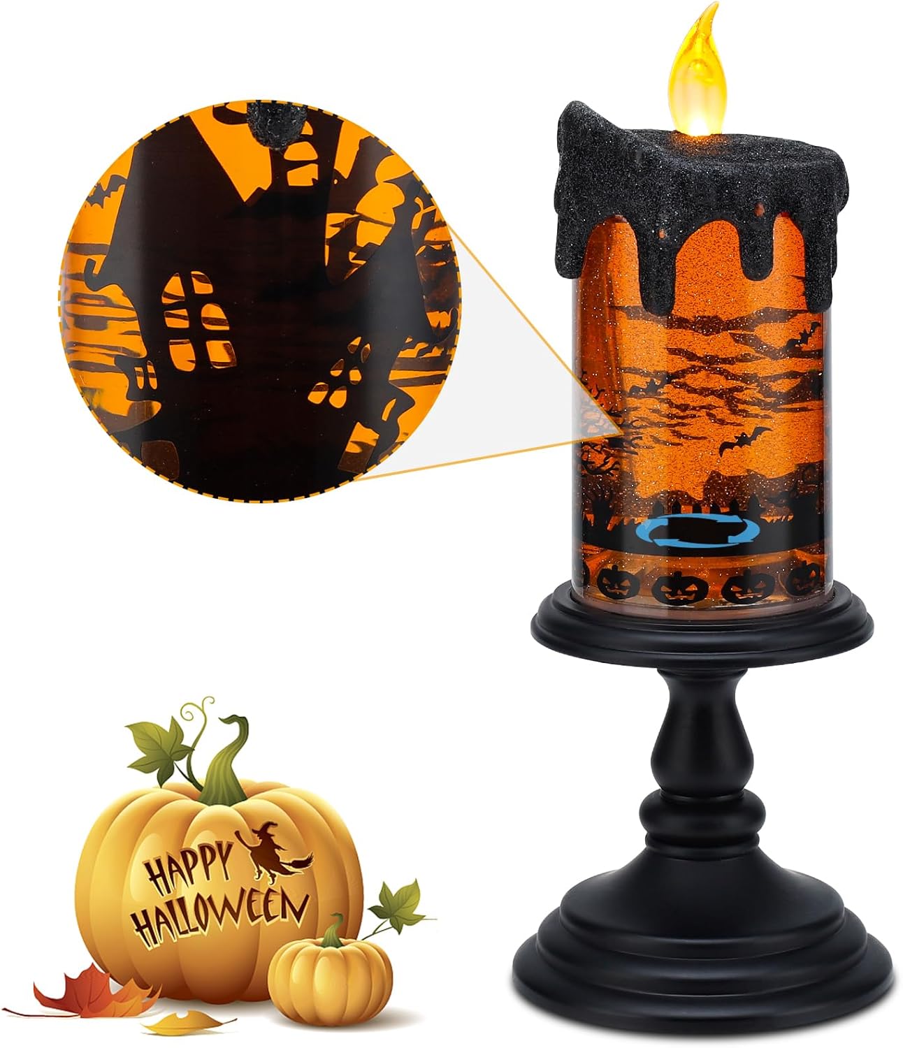 Halloween Snow Globe Candles Lighted Lamp, Lighted Flameless Candles with Water Glitter Swirls and Spooky Moving,Battery Operated