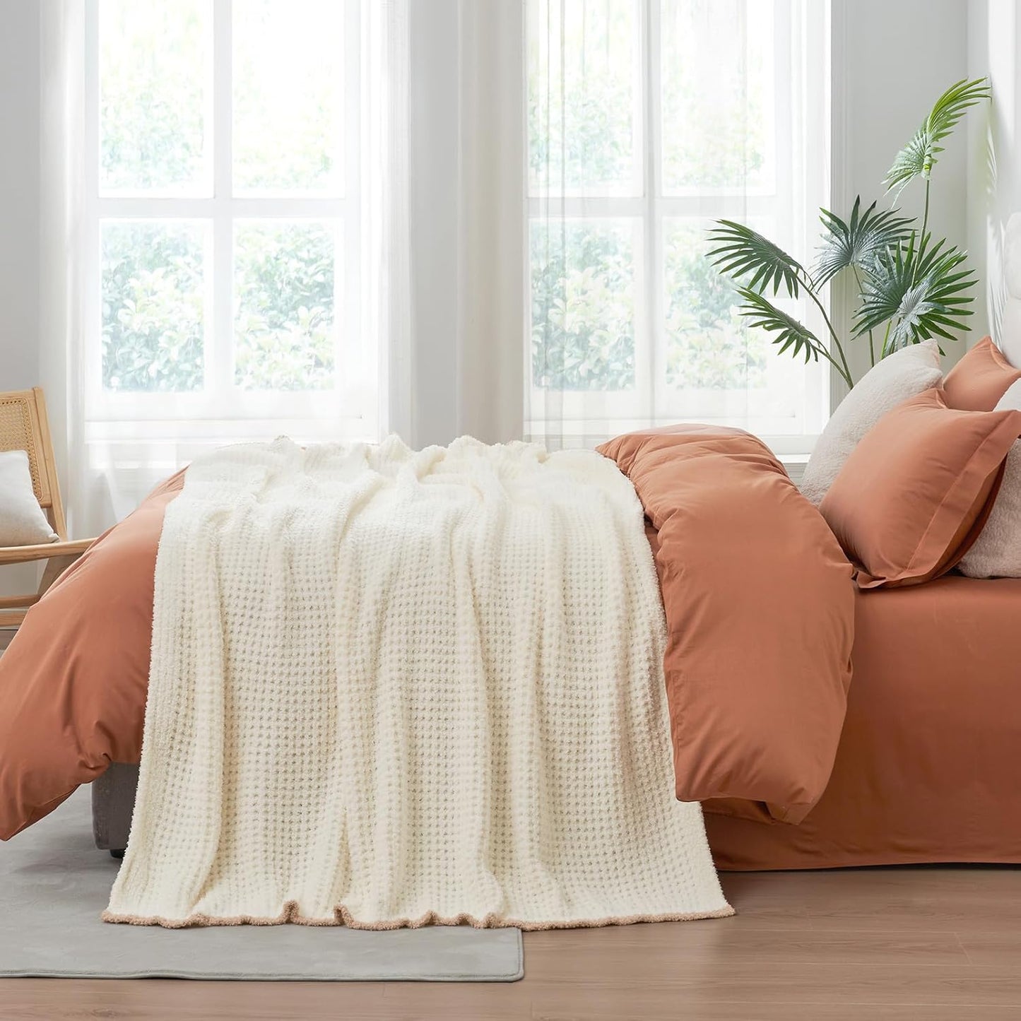 Snuggle Sac Cream Bedding Blankets Queen Size 90x90 inches, Reversible Microfiber Fluffy Fuzzy Soft Throw Cozy Knit Blanket for Women Mothers Birthday Gifts