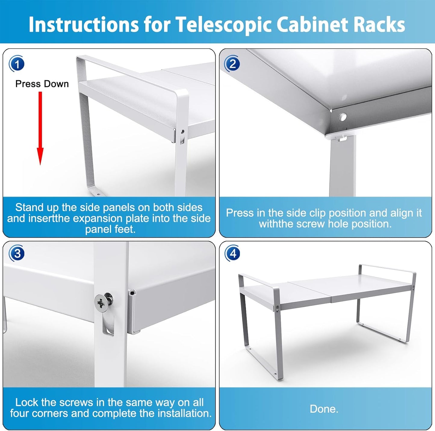 11'' Wide Expandable Cabinet Shelf Organizer Rack Adjustable Length 14''-26'' Pantry Shelf Spice Rack Heavy Duty Nonslip Kitchen Counter Storage Shelves Pantry Cupboard Under Sink Countertop White