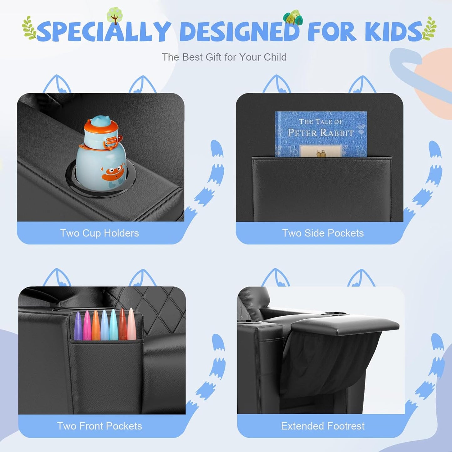 Kids Recliner Chair, Leather Push Back Kids Reclining Chair with Cup Holders & Side Pockets, Safety Adjustable Footrest Toddler Recliner for Age 3+, Kid Recliners for Girls Boys, Black