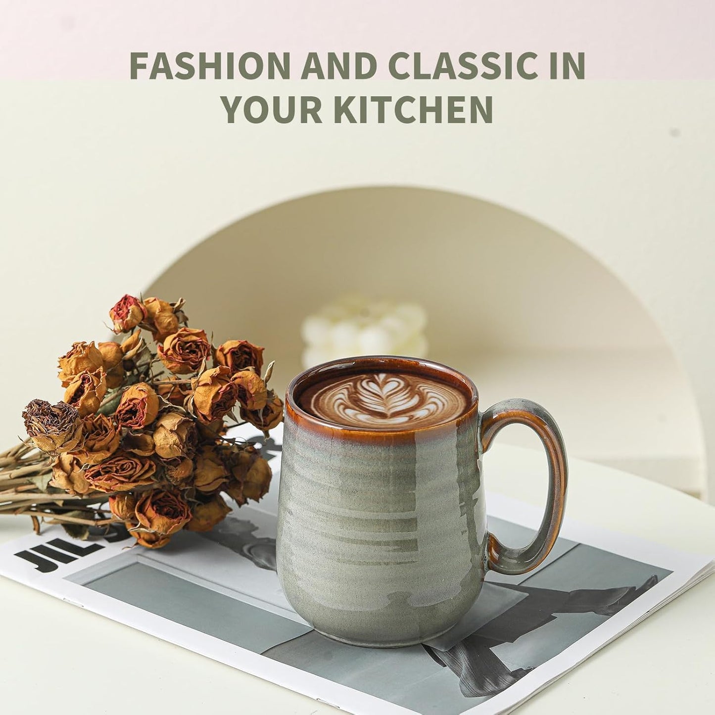 Hasense 12 oz Coffee Mugs, Ceramic Coffee Cups Set of 6, Stoneware Latte Mug with Large Handle for Coffee, Tea, Milk and Chocolate, Easy Hold & Clean, Dishwasher & Microwave Safe, Light Grey