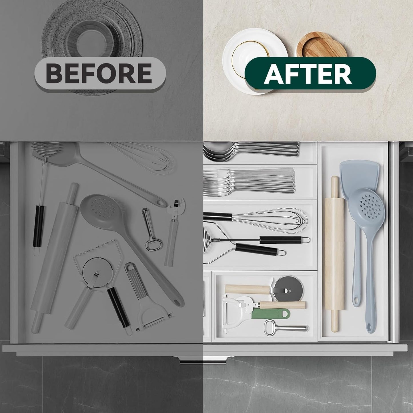 Bamboo Drawer Organizer, Small Silverware Organizer for Kitchen Drawer, Stackable Utensil Organizer, 2 Pcs Flatware Organizer Wooden Storage Box Tray (White, 6 X 3 X 2 Inch)