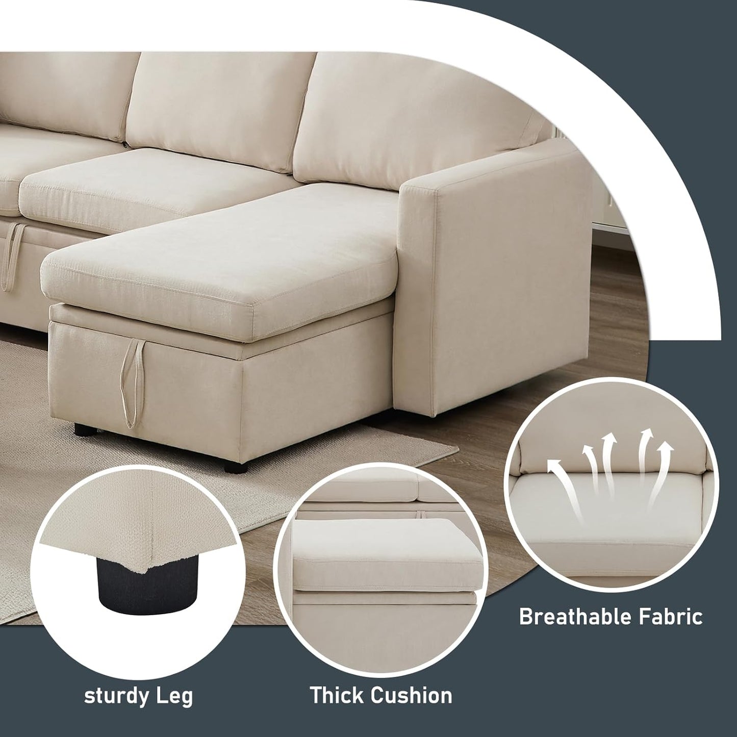 7 - Seater Sofa Bed, Large U - Shaped Modular Sectional Sofa, Oversized Pull - Out Sleeper with Storage for Living Room, Beige