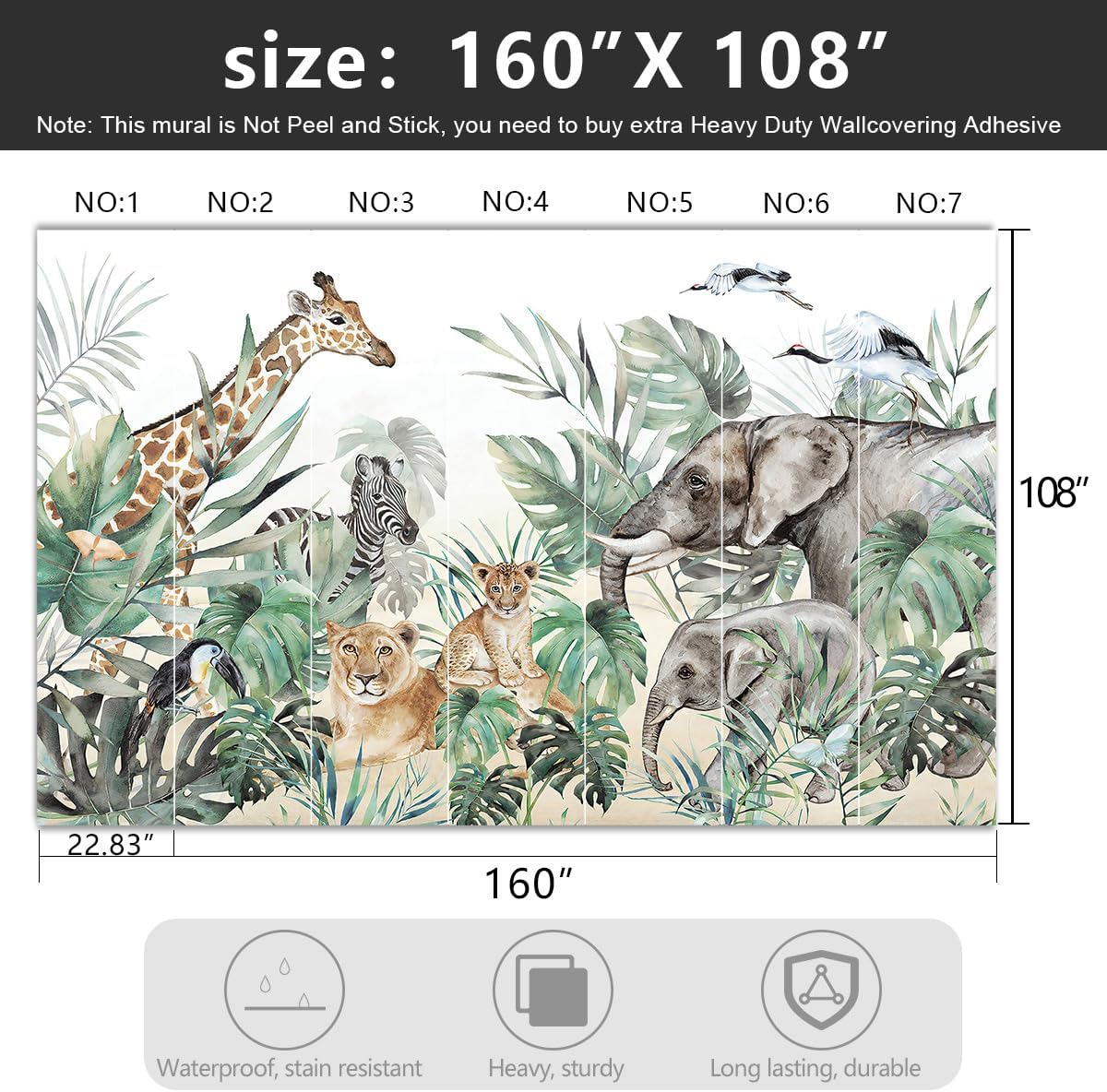 -Tropical Rainforest Plants Animals Tigers Fabric Wallpaper Jungle Plants Banana Leaves Boys Girls Kindergarten Children Bedroom Large Mural- 160"x108"( not Peel and Stick)