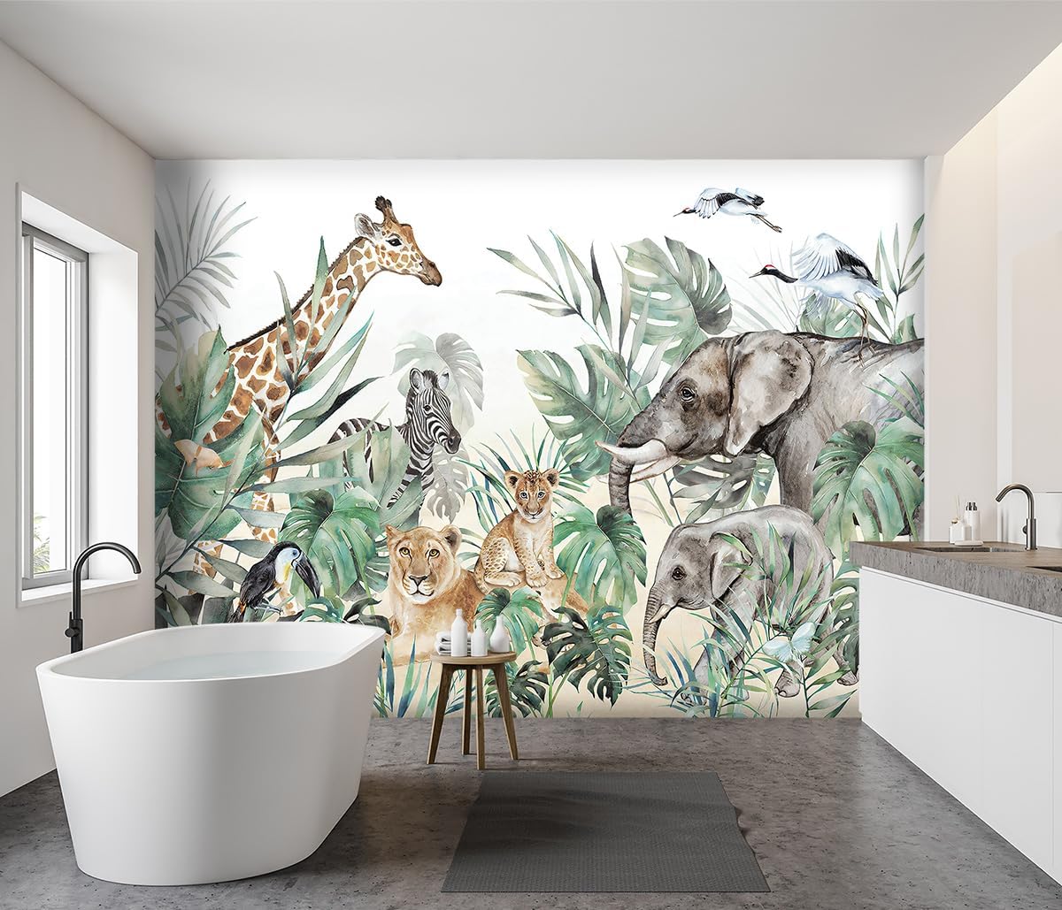 -Tropical Rainforest Plants Animals Tigers Fabric Wallpaper Jungle Plants Banana Leaves Boys Girls Kindergarten Children Bedroom Large Mural- 137"x96"( not Peel and Stick)