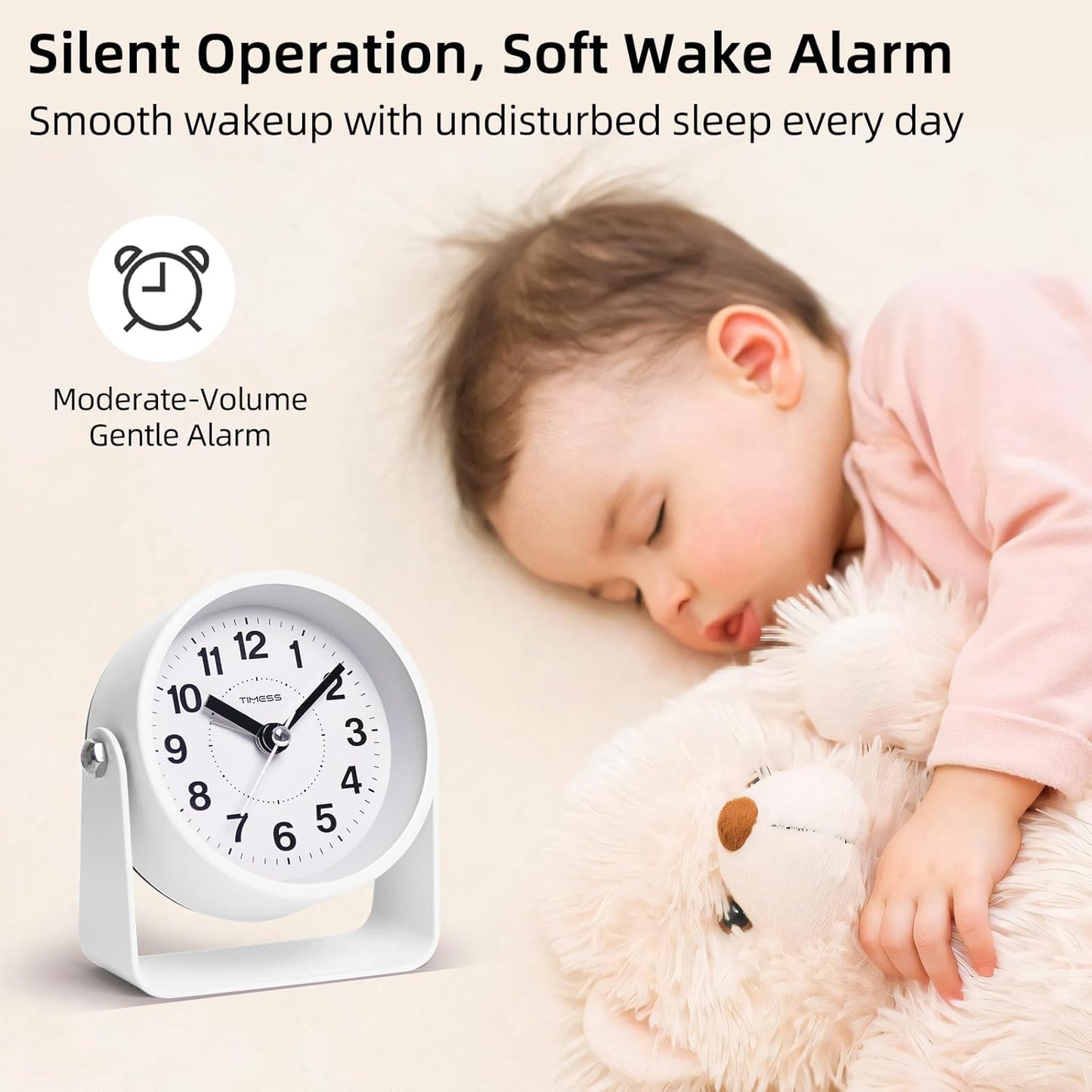 Analog Alarm Clock, Silent Non-Ticking Quartz Movement, Battery-Operated with Snooze & On-Demand Light, Easy to Set Gentle Wake Bedside Desk Clock, Ideal for Home, Travel, Office (White)