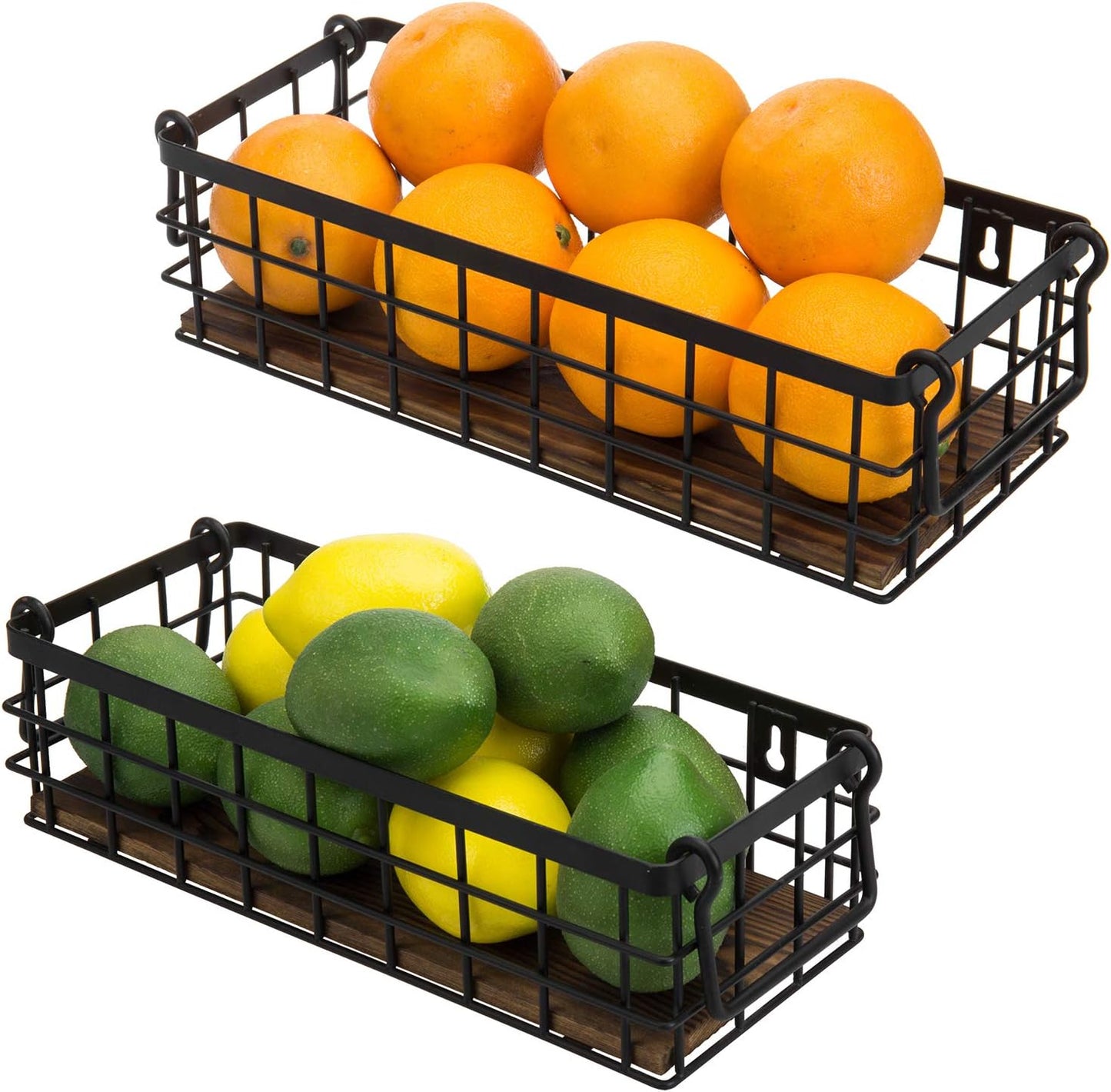 MyGift Set of 2 Wire Baskets for Pantry, Wall Mounted or Tabletop Black Metal Baskets for Organizing with Burnt Wood Base and Handles