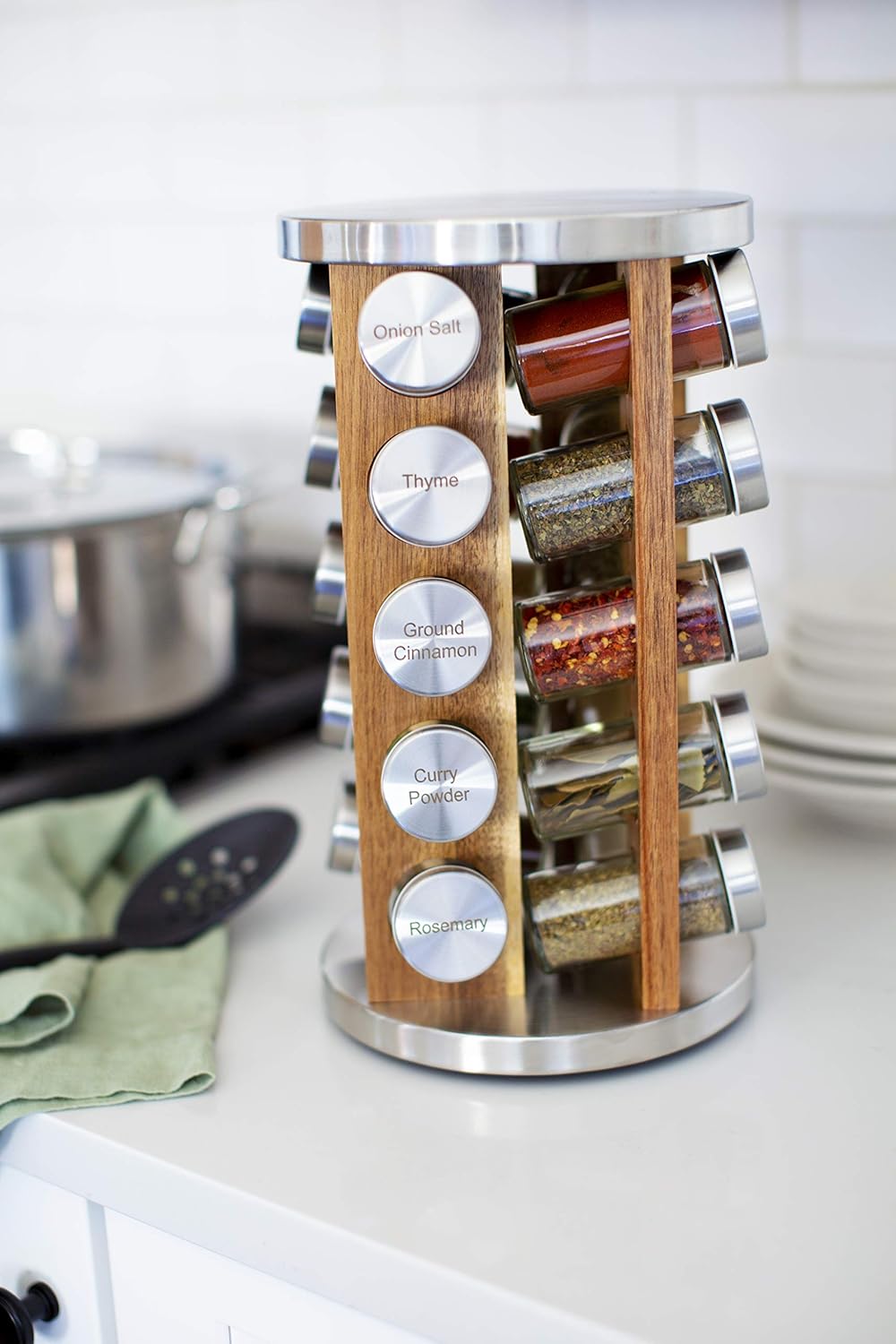 Orii 20 Jar Spice Rack with Spices Included - Tower Organizer for Kitchen Spices and Seasonings, (Natural Acacia Wood)