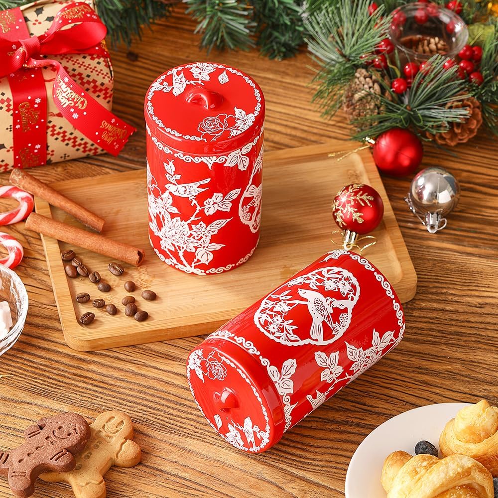 Porlien Bird Porcelain 15-ounce Canisters Set of 2, Food Storage Containers with Lid for Coffee Beans, Tea, Condiments & Nuts, Gifts for Mothers'Day