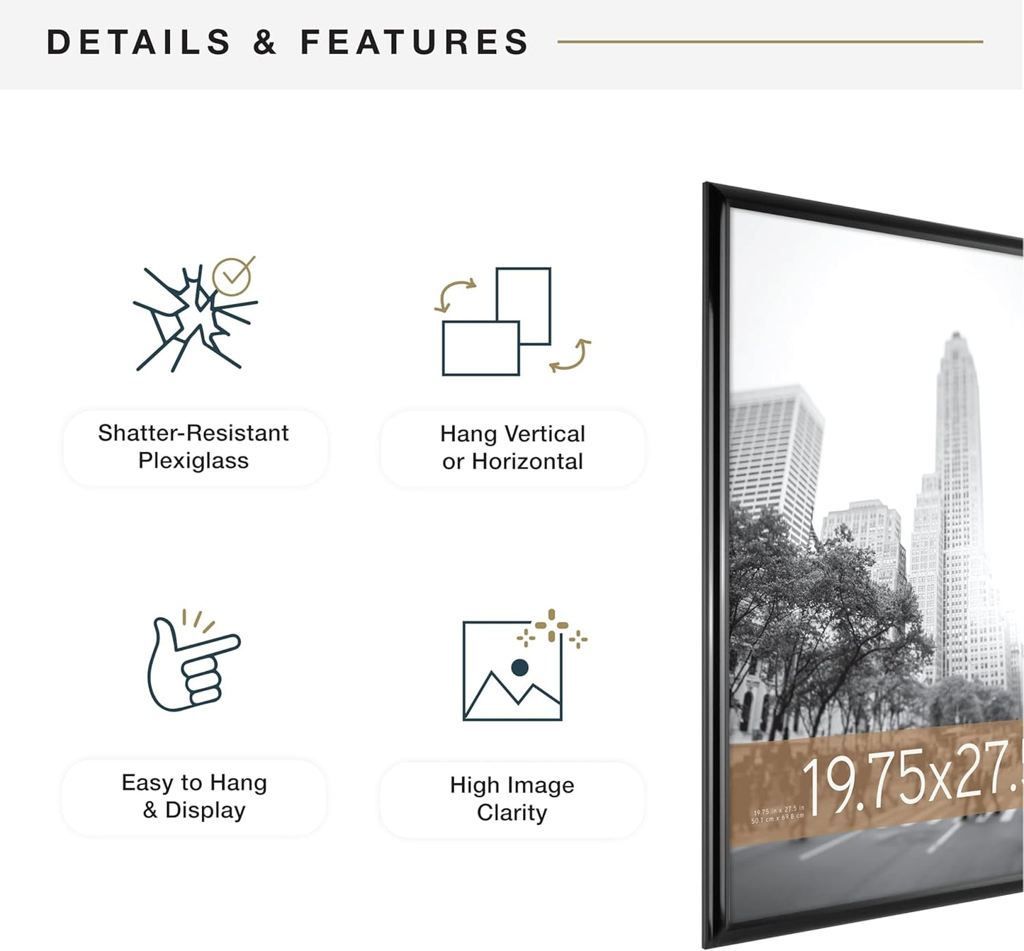 MCS Trendsetter 19.75x27.5 Poster Frame Black High-Gloss, Vertical & Horizontal Wall Hanging Large Picture Frame for Photos, Posters & Art Prints (1-Pack)
