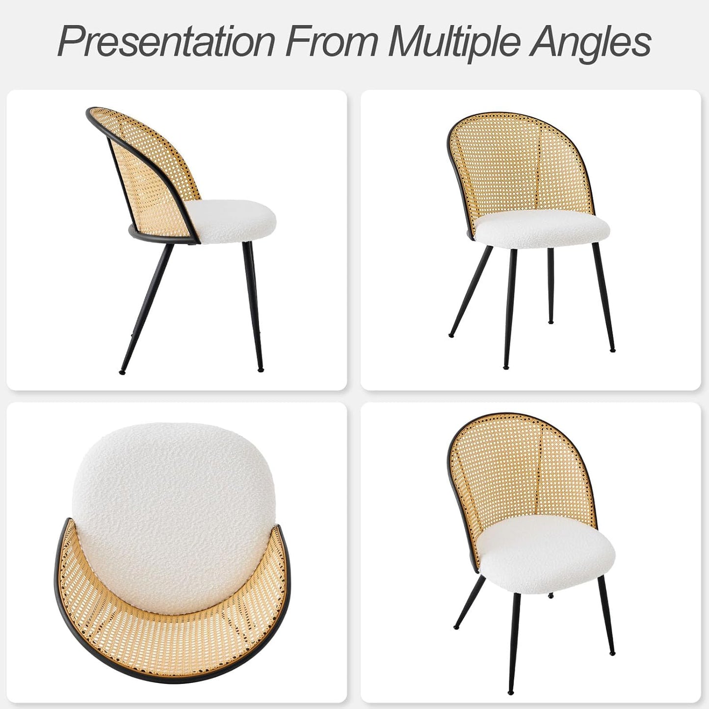 Rattan Dining Chairs Set of 2, Mid-Century Modern Kitchen Dining Room Chairs with Full Cane Backrest Armless Upholstered Farmhouse Boucle Dining Chairs with Metal Leqs for Dining Room, White