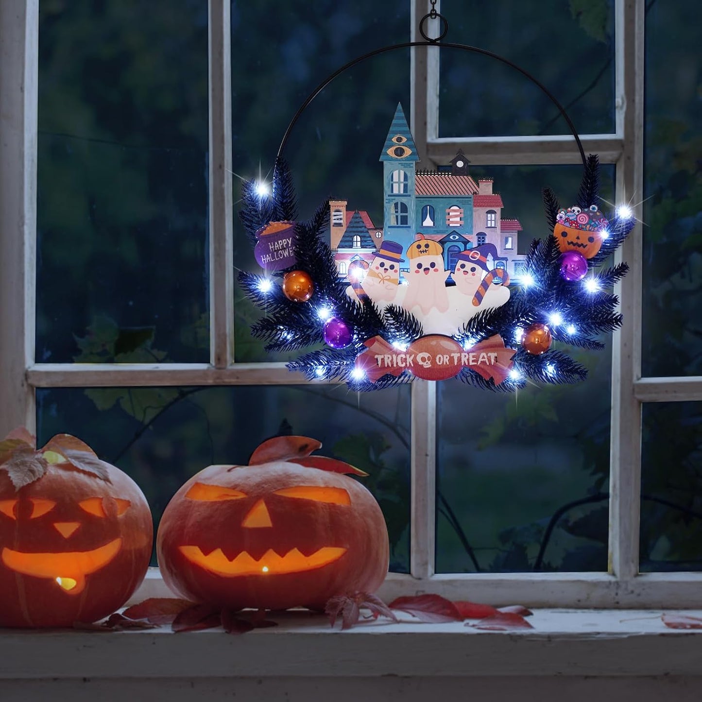 Lighted Halloween Wreaths for Front Door, Welcome Metal Wooden Door Wreath Decor Hanging Sign, 30 LED Lighted Wall Decor Battery Operated for Halloween Indoor Outdoor (Ghost)