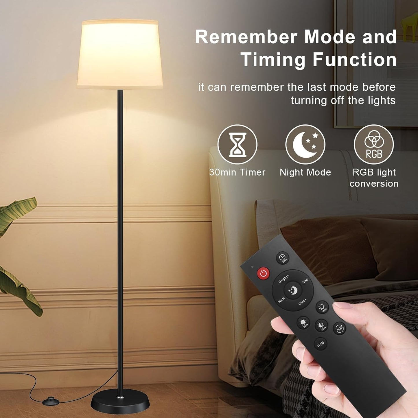 Floor Lamp for Living Room Bedroom,Modern Floor Lamp with Remote, Simple Design with White Shade,Foot Pedal Switch,Dimmable Colors Temperature,9W RGB LED Bulb