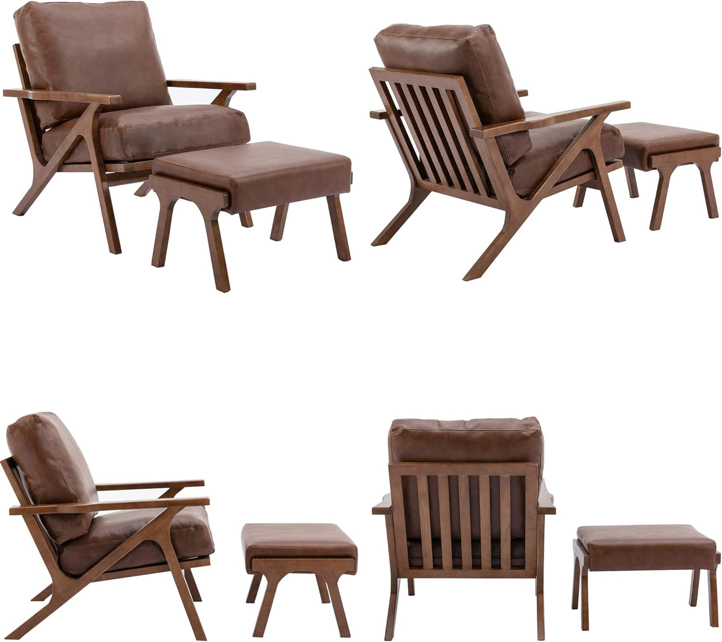 Mid Century Modern Accent Chair with Ottoman, Farmhouse PU Upholstered Living Room Armchair and Ottoman Set, 23" Seat Wide Retro Leisure Lounge Chair with Wood Frame for Home, Bedroom, Office, Brown