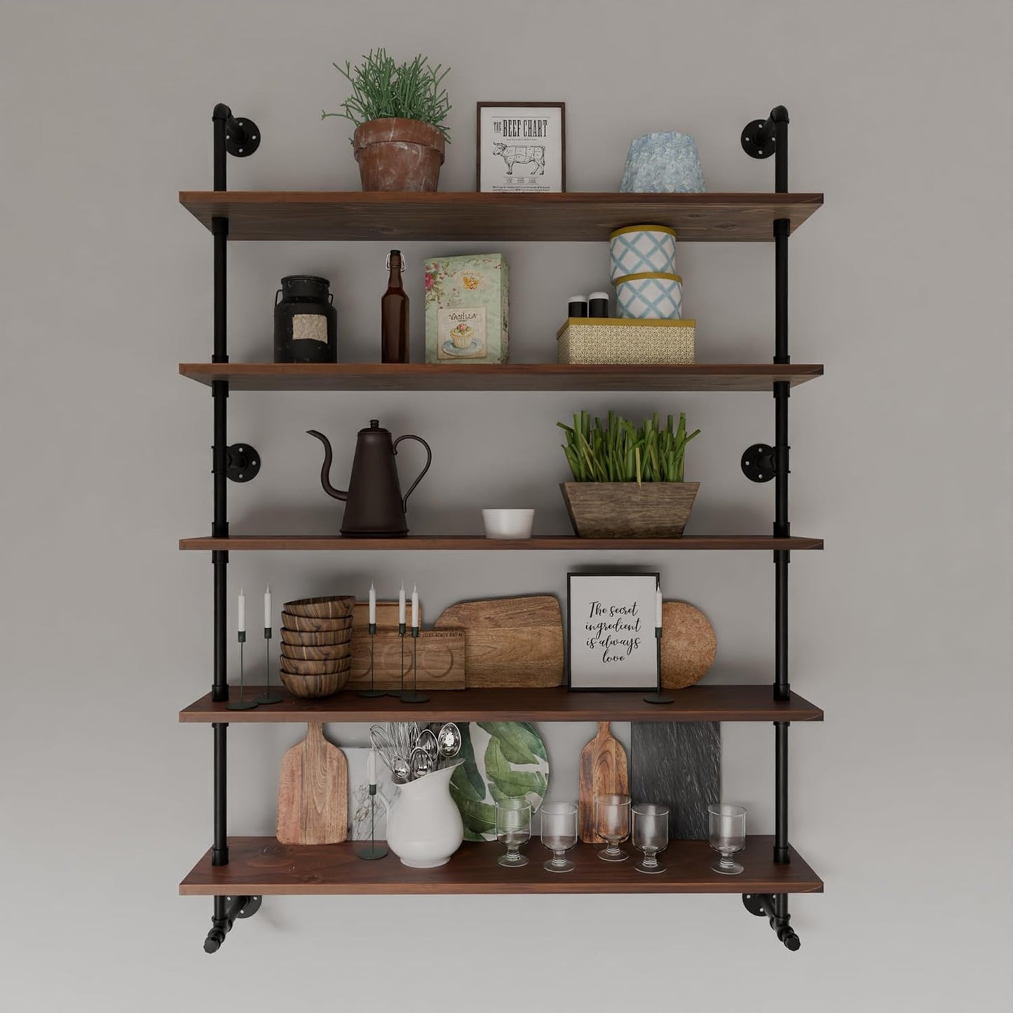 Industrial Pipe Wall Shelves Pipe Shelving with Real Wood Plank ,48 Inches Floating Shelves for Wall Farmhouse Pipe Book Shelves Dark Brown 5 Tier for Kitchen,Living Room Decor and Bar Shelving