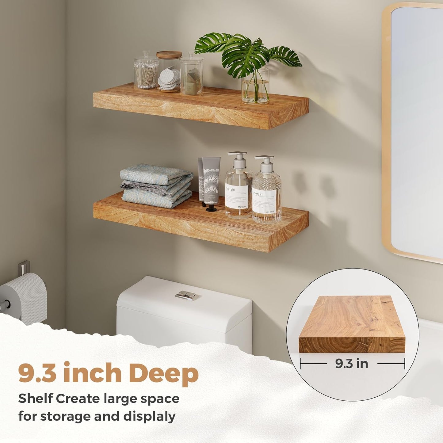 RICHFOCUS Elm Floating Shelves for Wall - 24" W x 9.3" D Rustic Solid Wood Shelves with Invisible Bracket, Wall-Mounted for Living Room, Bedroom, Kitchen Storage & Display, Set of 2, Natural