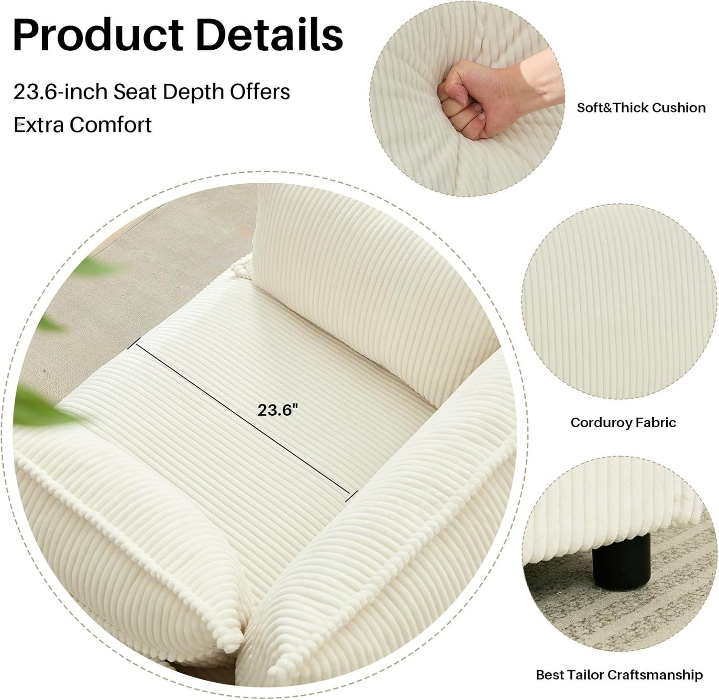 35.4" Wide Oversized Corduroy Single Sofa Chair with 2 Pillows, Modern Upholstered Accent Chair Armchair for Livingroom Bedroom Apartment, Beige