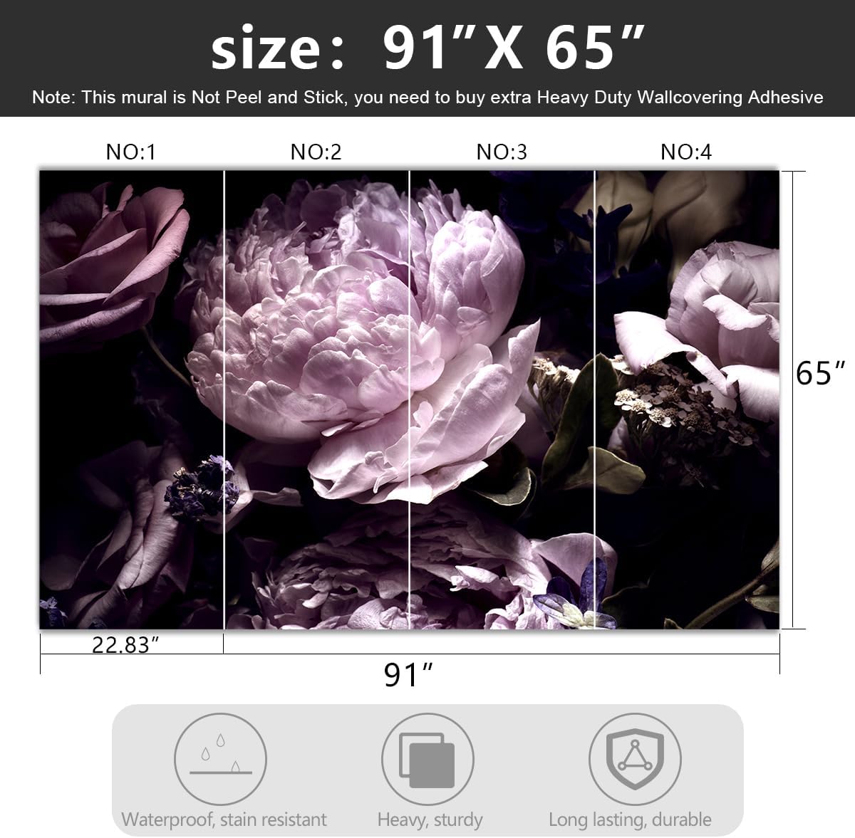 -Black Peony Purple Floral Botanical Fabric Wallpaper Living Room Bedroom Bathroom Dark Flowers Wall Mural- 91"x65"( not Peel and Stick)