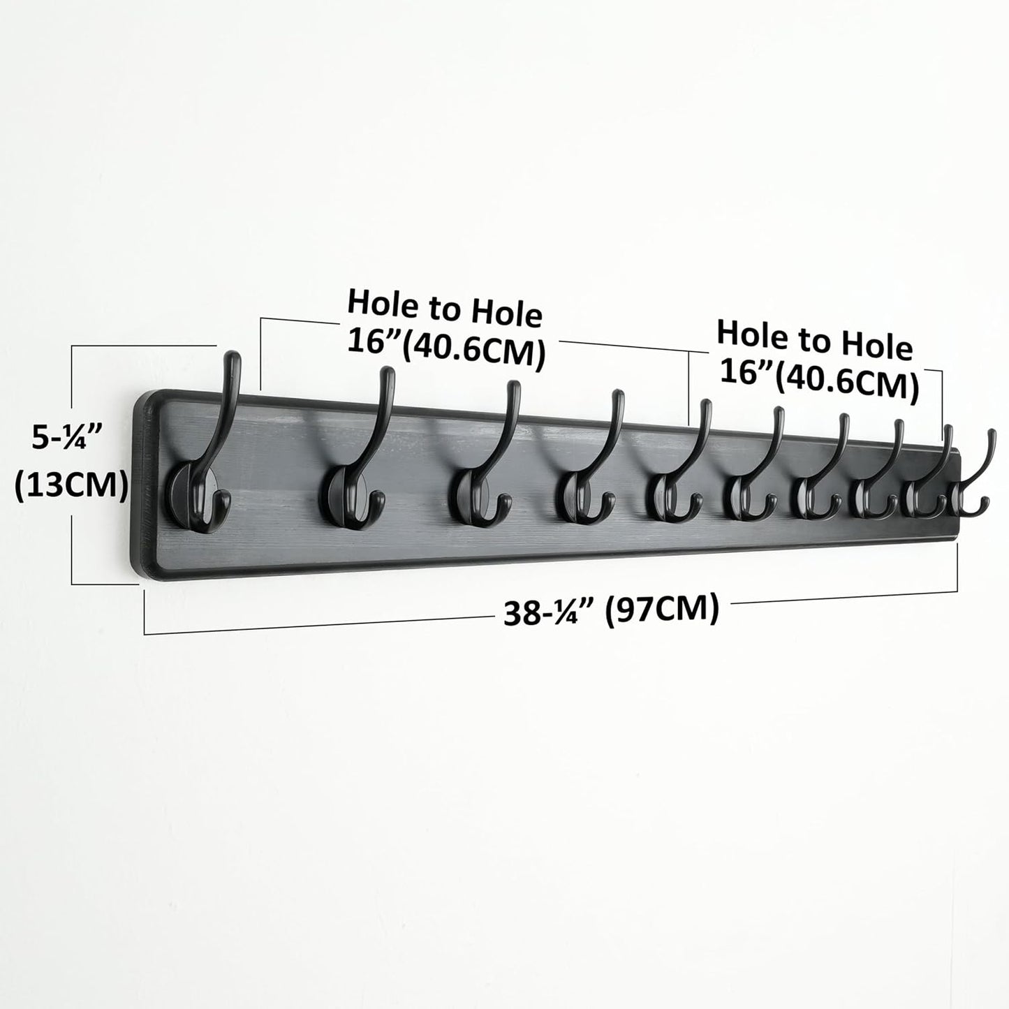 Dseap Wall Mounted Coat Rack: 38-1/4" Long, Patented, Heavy-Duty, 10-Double-Hooks Wooden Hanger Rail for Winter Coats, Hats, Jackets, Clothing - Black, Pack of 2
