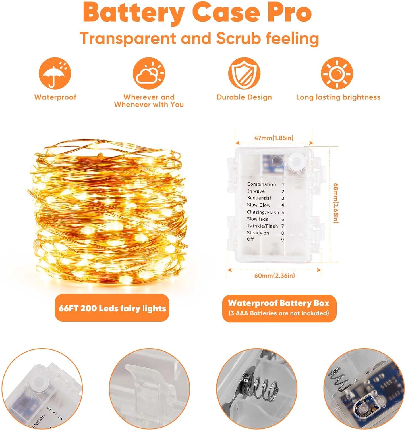 1 Pack 65.6 Ft. Battery Operated Outdoor String Lights with Remote & Timer, LED Warm White Fairy Lights, Waterproof Twinkle Lights for Bedroom, Dorm, Mason Jar, Wedding, Party, Christmas