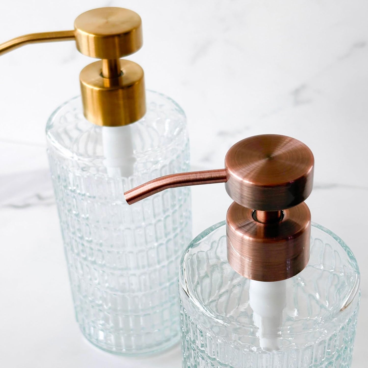 Lunestella Elegant Fluted Glass Dispenser with Stainless Steel Pump, 17oz, Decorative Bottle for Bathroom and Kitchen (Copper)