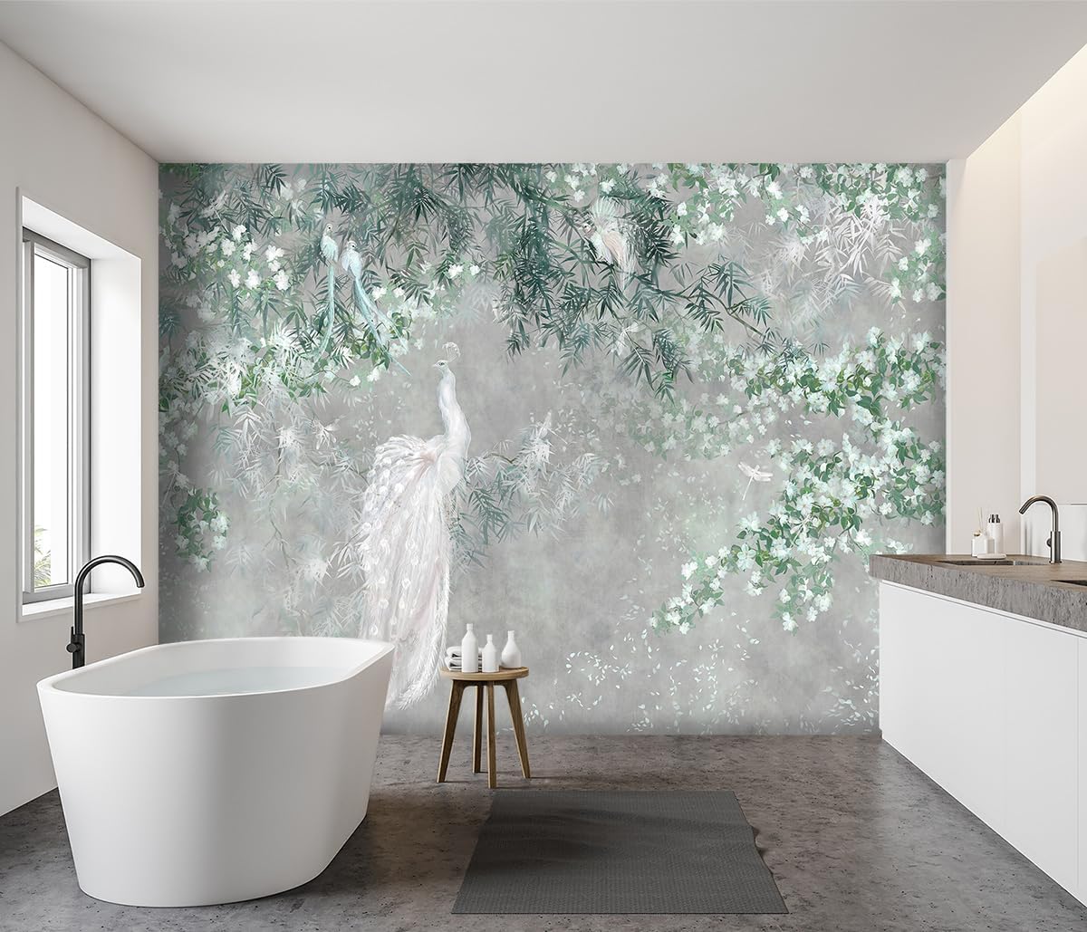 -Green Leaf Botanical Peacock Fabric Wallpaper Wallpaper Living Room Bedroom Bathroom Grey Plant Large Wall Mural- 160"x108"( not Peel and Stick)