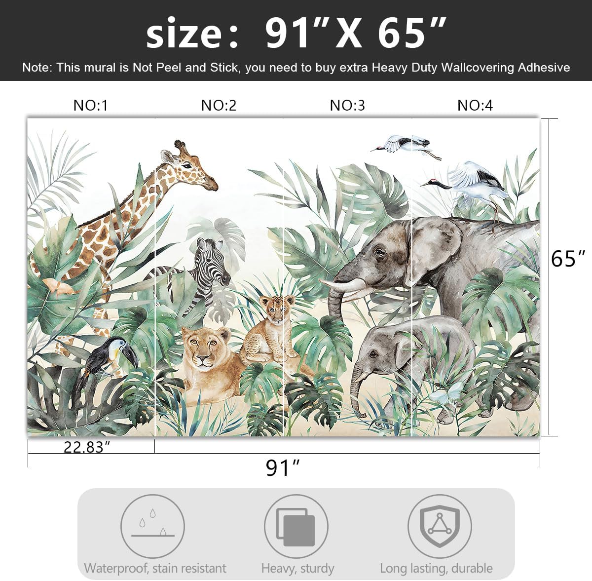 -Tropical Rainforest Plants Animals Tigers Fabric Wallpaper Jungle Plants Banana Leaves Boys Girls Kindergarten Children Bedroom Large Mural- 91"x65"( not Peel and Stick)