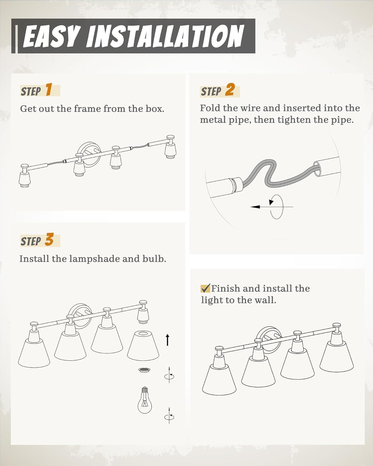 FEMILA 30" Bathroom Light Fixtures, 4 Light Vanity Lighting Fixtures with Wood Grain Paint and Black Finish, Light Fixtures for Bathroom Above Mirror, 4FG75B-4W BK