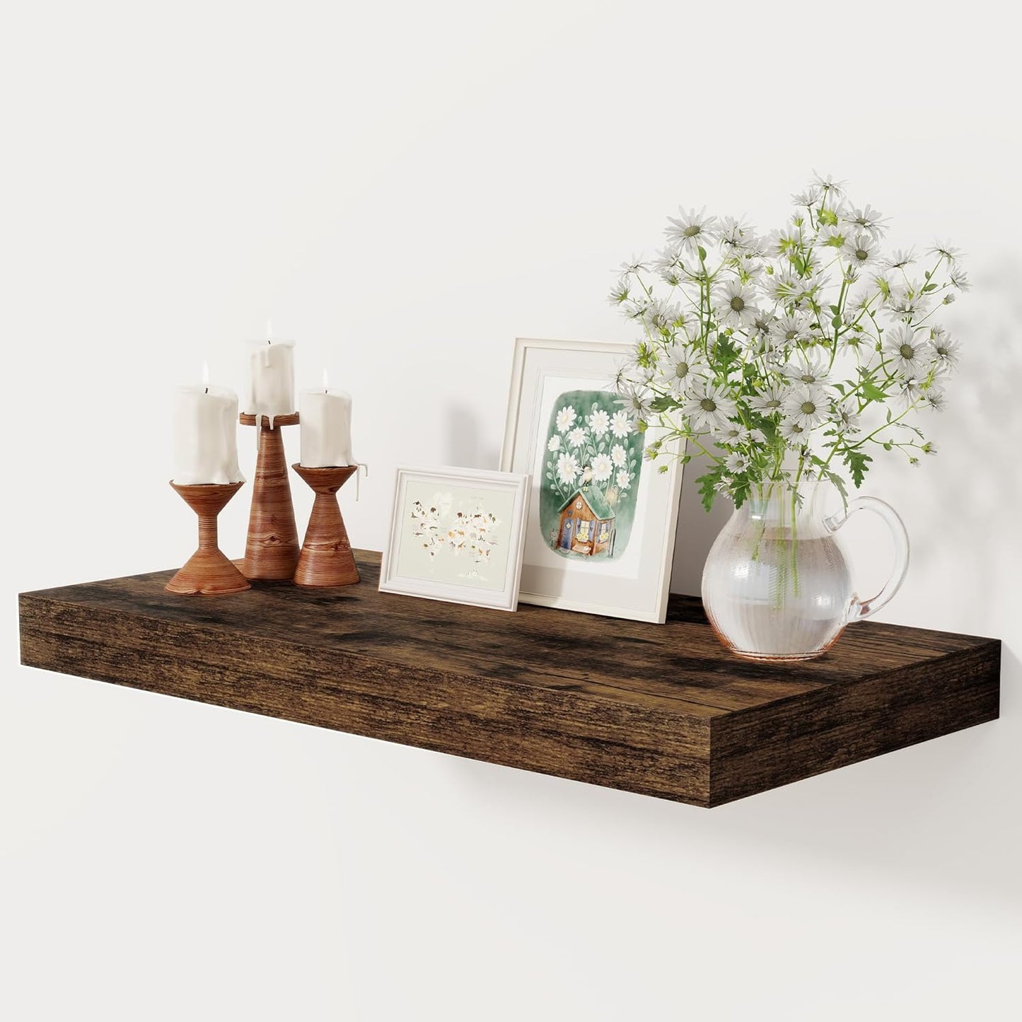 12 Inch Deep Floating Shelves, 24 x 12 Floating Shelf for Books, Rustic Wood Deep Wall Shelves for Home Storage & Display, 2" Thicked Shelves for Kitchen, Living Room, Bedroom, Rustic Brown, 1 Pack